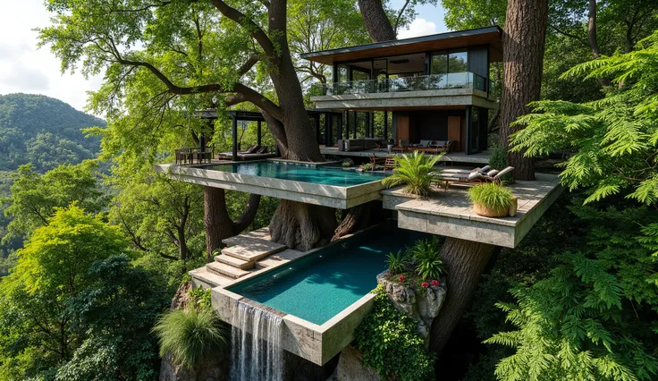 treehouse、A modern mansion standing on a giant tree、There is a luxurious pool、A waterfall cascades down from natural bedrock、