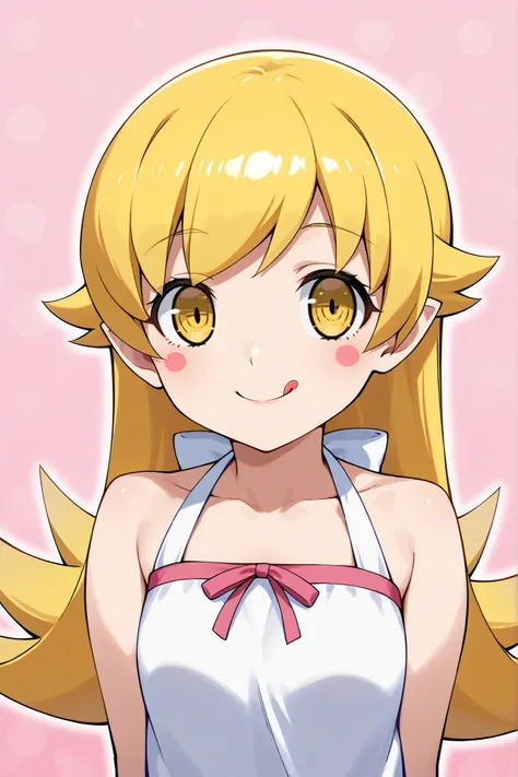 Shinobu Oshino,1 girl,Long Hair,big eyes, golden eyes doughnuts　pink cheeks 　Smiling