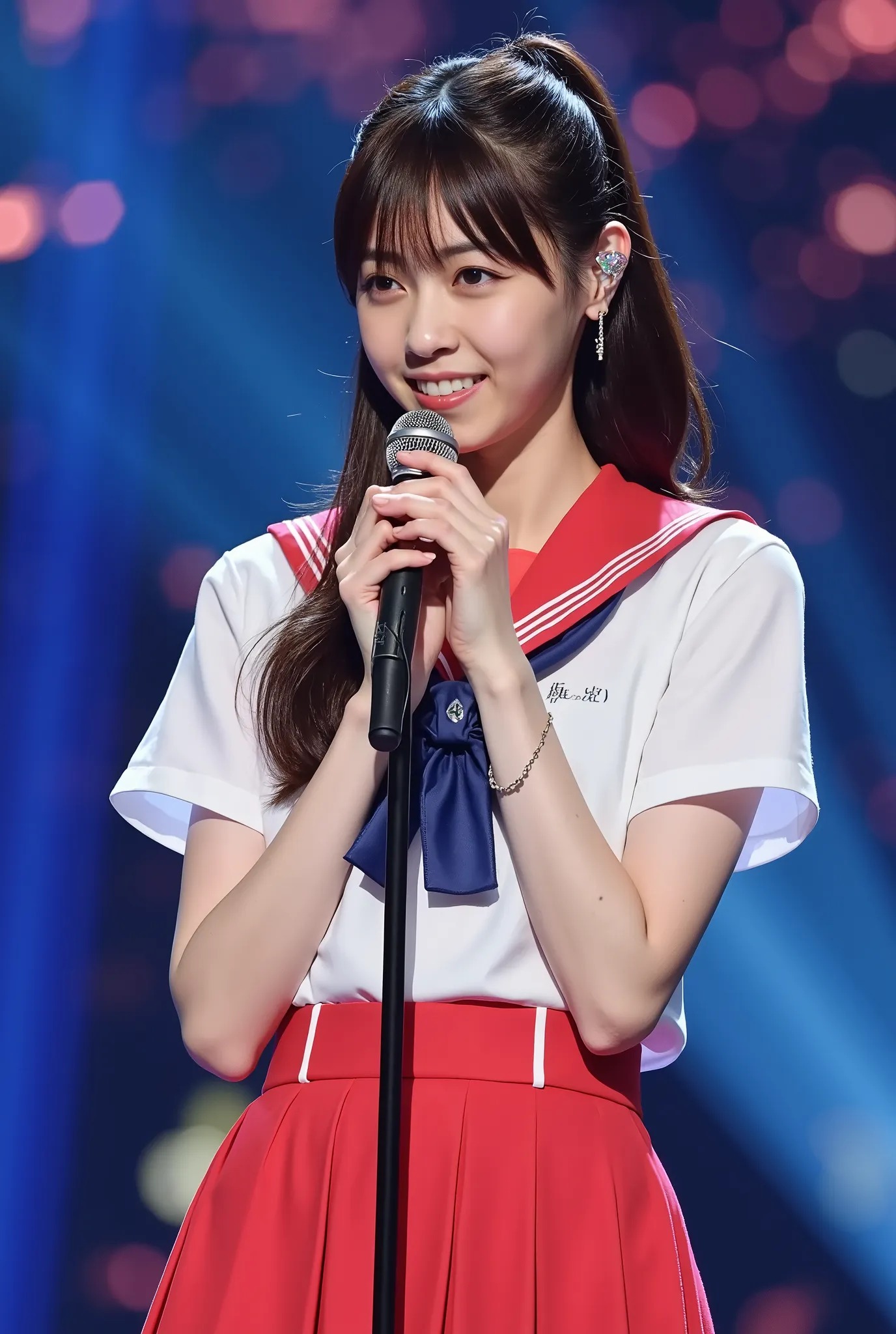 Create a realistic photograph of a beautiful Japanese female idol, styled in a Nogizaka46 uniform. The portrait should capture her slender figure, small bust, and thin legs as she appears on the set of "NogiZaka Koujichuu." She is nervously facing a microp...