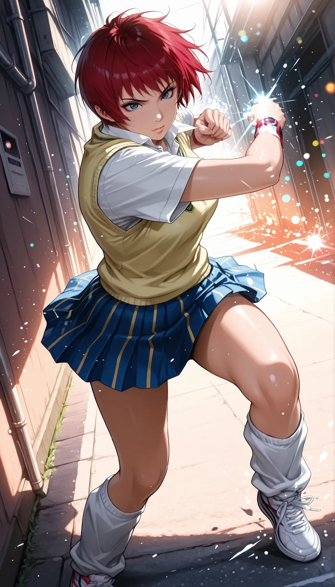 1 woman, solo, back alley, fight, battle action , photographic realism, MakiAikawa, (Air Master), tomboy, short hair, red hair, blue eyes, collared shirt, white shirt, yellow sweater vest, short sleeves, blue skirt, pleated skirt, miniskirt, loose socks, ...