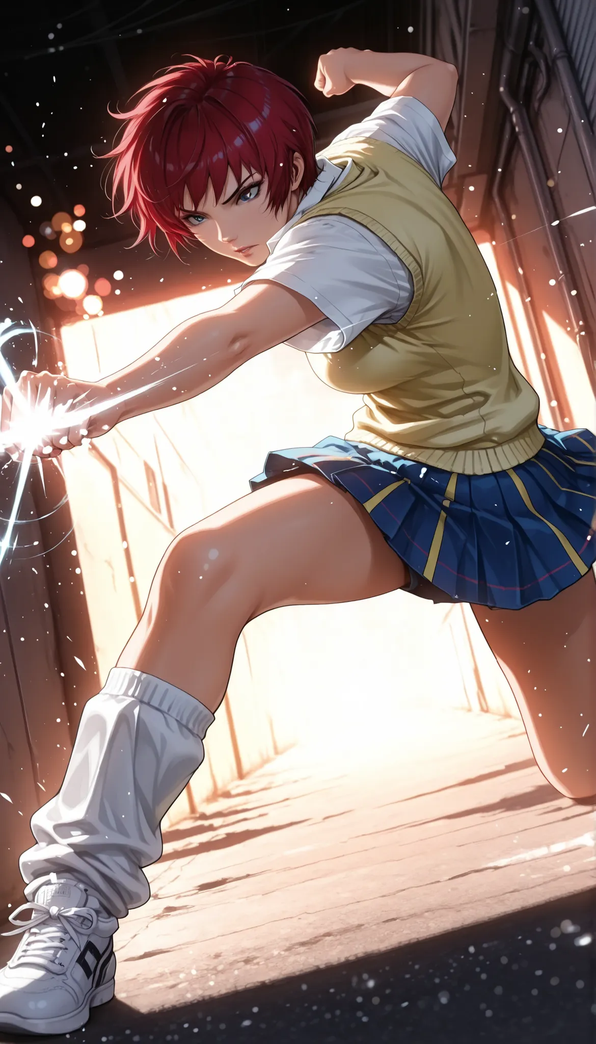 1 woman, solo, back alley, fight, battle action , photographic realism, MakiAikawa, (Air Master), tomboy, short hair, red hair, blue eyes, collared shirt, white shirt, yellow sweater vest, short sleeves, blue skirt, pleated skirt, miniskirt, loose socks, ...