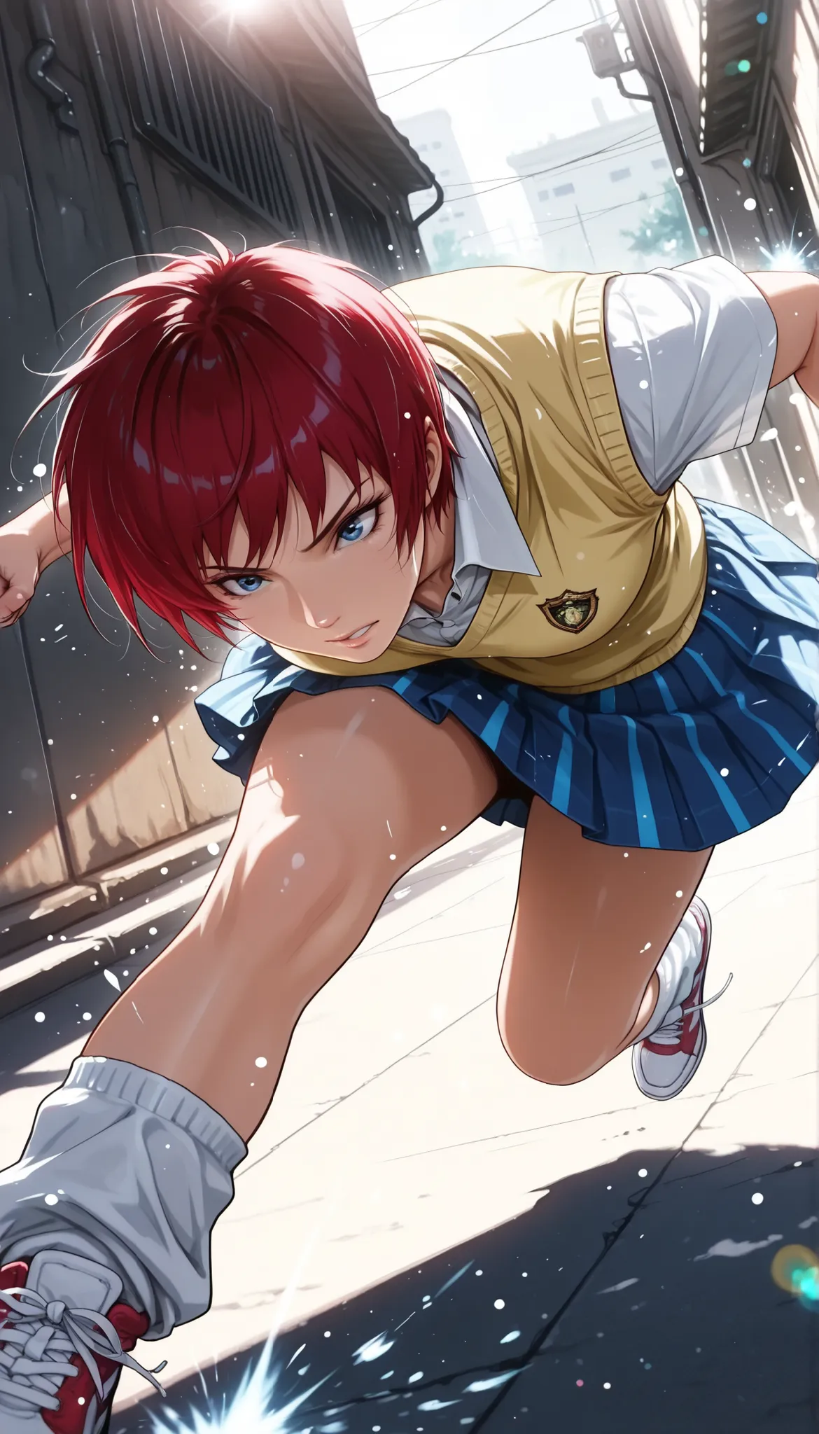 1 woman, solo, back alley, fight,  battle action , photographic realism, MakiAikawa, (Air Master), tomboy, short hair, red hair, blue eyes, collared shirt, white shirt, yellow sweater vest, short sleeves, blue skirt, pleated skirt, miniskirt, loose socks, ...
