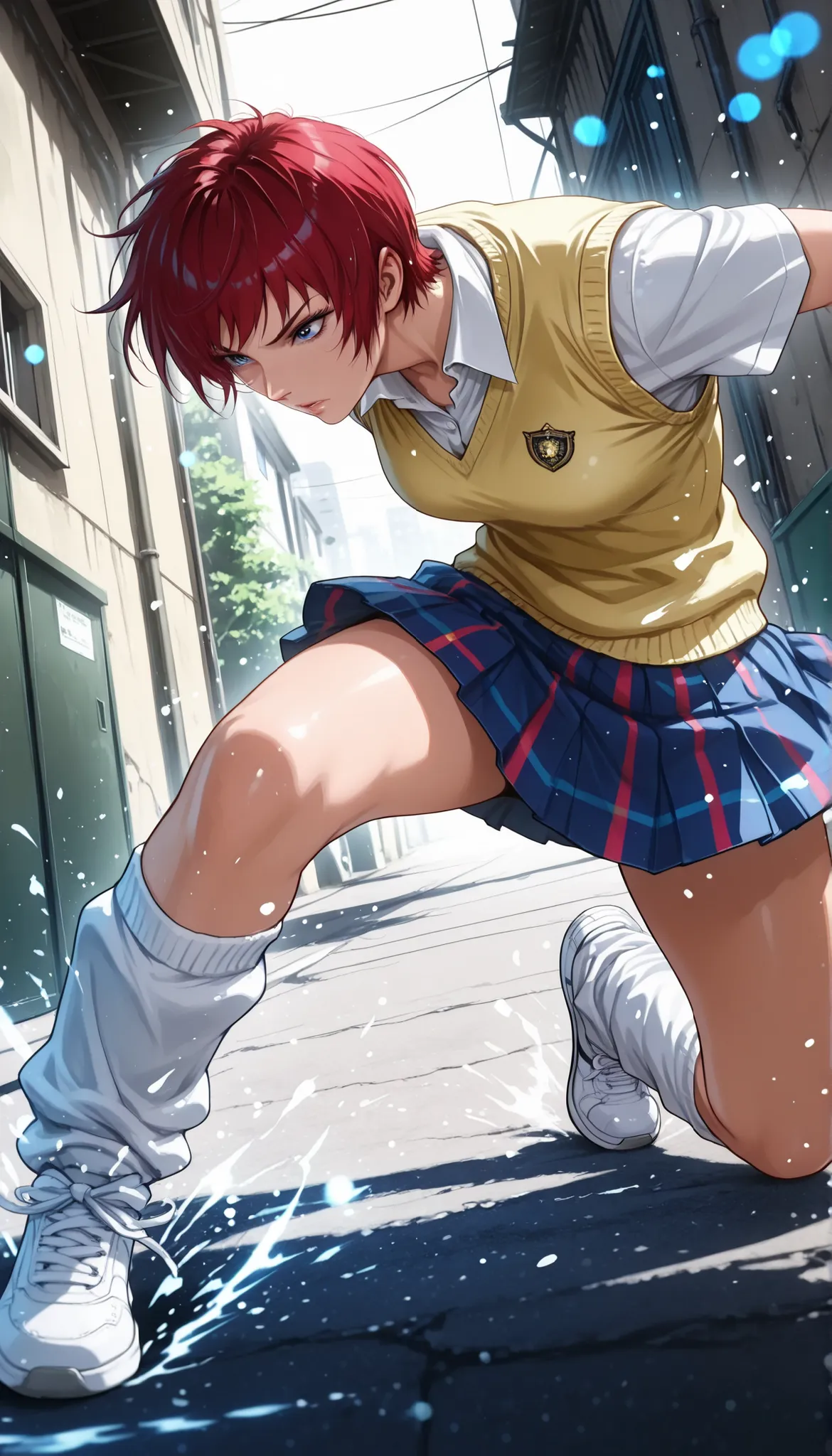 1 woman, solo, back alley, fight, battle action , photographic realism, MakiAikawa, (Air Master), tomboy, short hair, red hair, blue eyes, collared shirt, white shirt, yellow sweater vest, short sleeves, blue skirt, pleated skirt, miniskirt, loose socks, ...