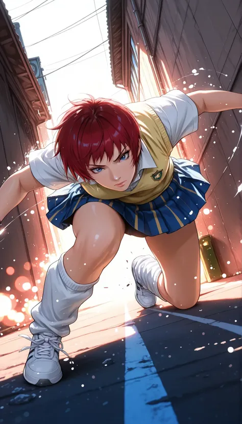 1 woman, solo, back alley, fight,  battle action , photographic realism, MakiAikawa, (Air Master), tomboy, short hair, red hair, blue eyes, collared shirt, white shirt, yellow sweater vest, short sleeves, blue skirt, pleated skirt, miniskirt, loose socks, ...
