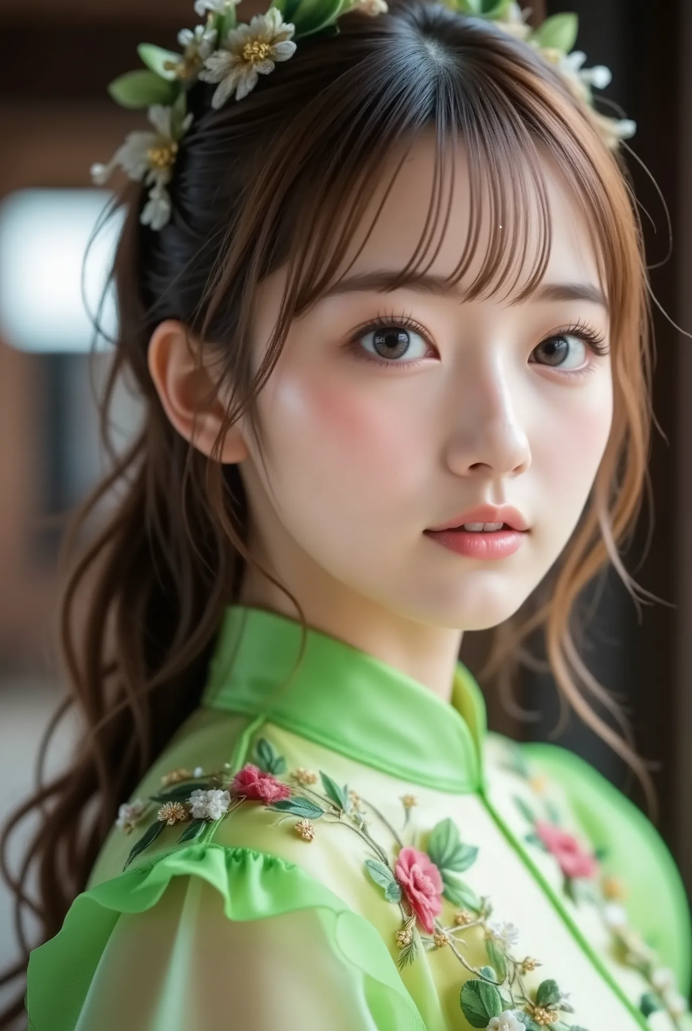 ( 1 girl), updo hairstyle , very cute face , wonderful face and eyes, ( very detailed eyes, very detailed face), Fresh, very beautiful appearance , ( Amazing Pictures , Kampala), (最 high quality:1.4), ( high quality), real skin texture, Original photo, (re...