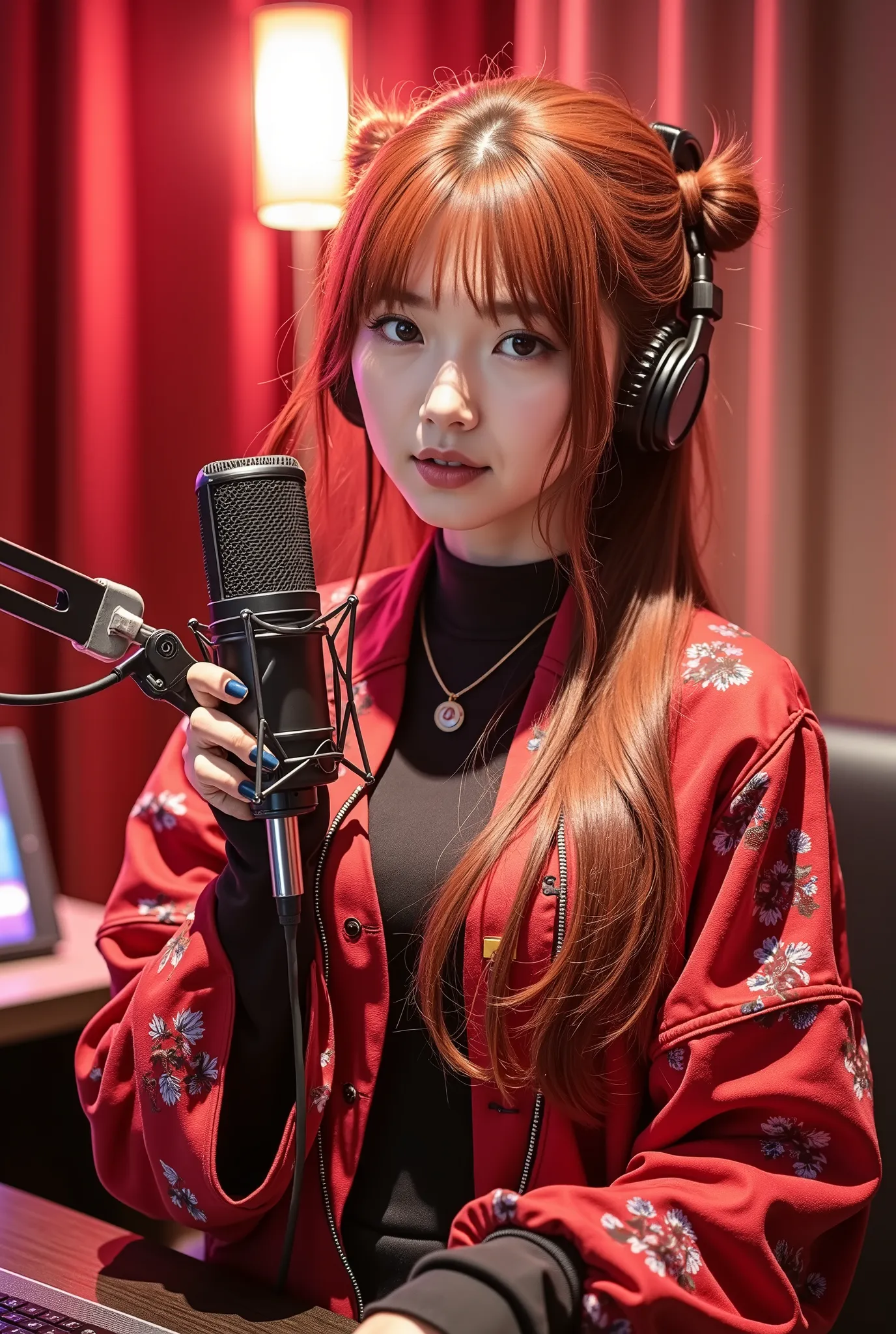 (( Top quality 、In 8K、masterpiece:1.3)) 、Cosplay costumes for、Podcast、holding a microphone with both hands