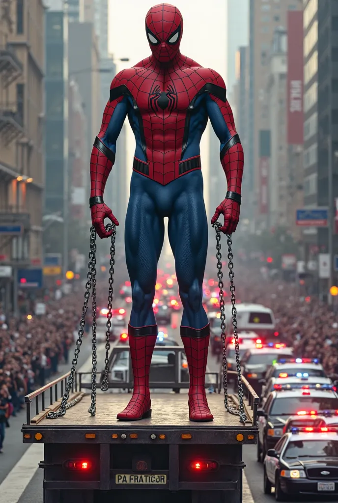 (realistic movie style): > A hyper-realistic giant Spider-Man figure lying on a massive flatbed truck, restrained with heavy metal chains. The truck is being escorted by realistic police cars with flashing lights, driving on a highway. Thousands of people behind barriers are watching and taking photos, like a public event or parade. Daylight scene with cinematic lighting, realistic textures, natural shadows, detailed Spider-Man suit like in a Hollywood movie, wide-angle view, high-resolution movie-style realism. Negative prompt: > cartoon, anime, 3D render, illustration, blurry, low detail, watermark, text, logo, extra limbs, distorted face, unrealistic proportional "Realistic Vision" "Movie Style" o "Cinematic Photo" "Realisian V6"