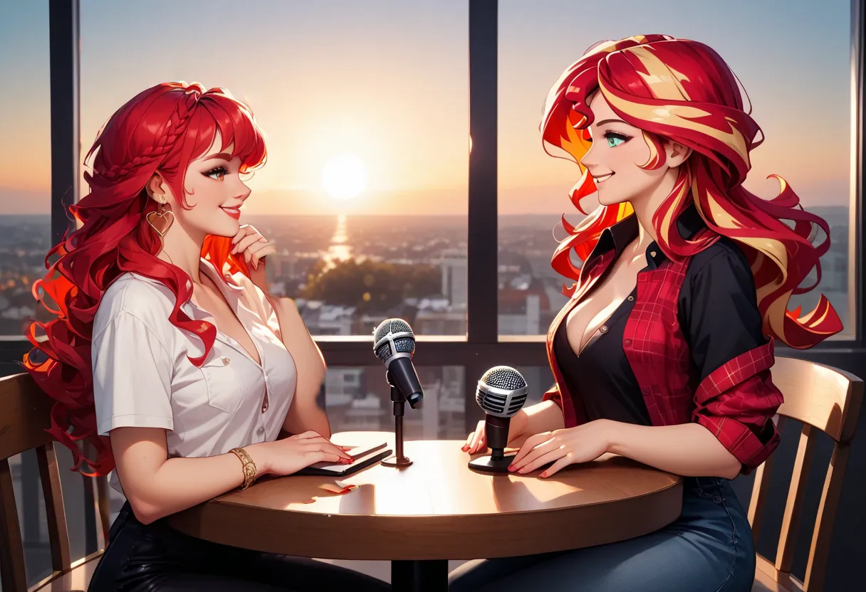 a beautiful red-haired woman with beautiful curves and long red hair wavy at the ends wearing a black t-shirt and an unbuttoned red plaid flannel talking smiling with a purple microphone with wings on the sides in front of her she has one hand resting on her chin 
