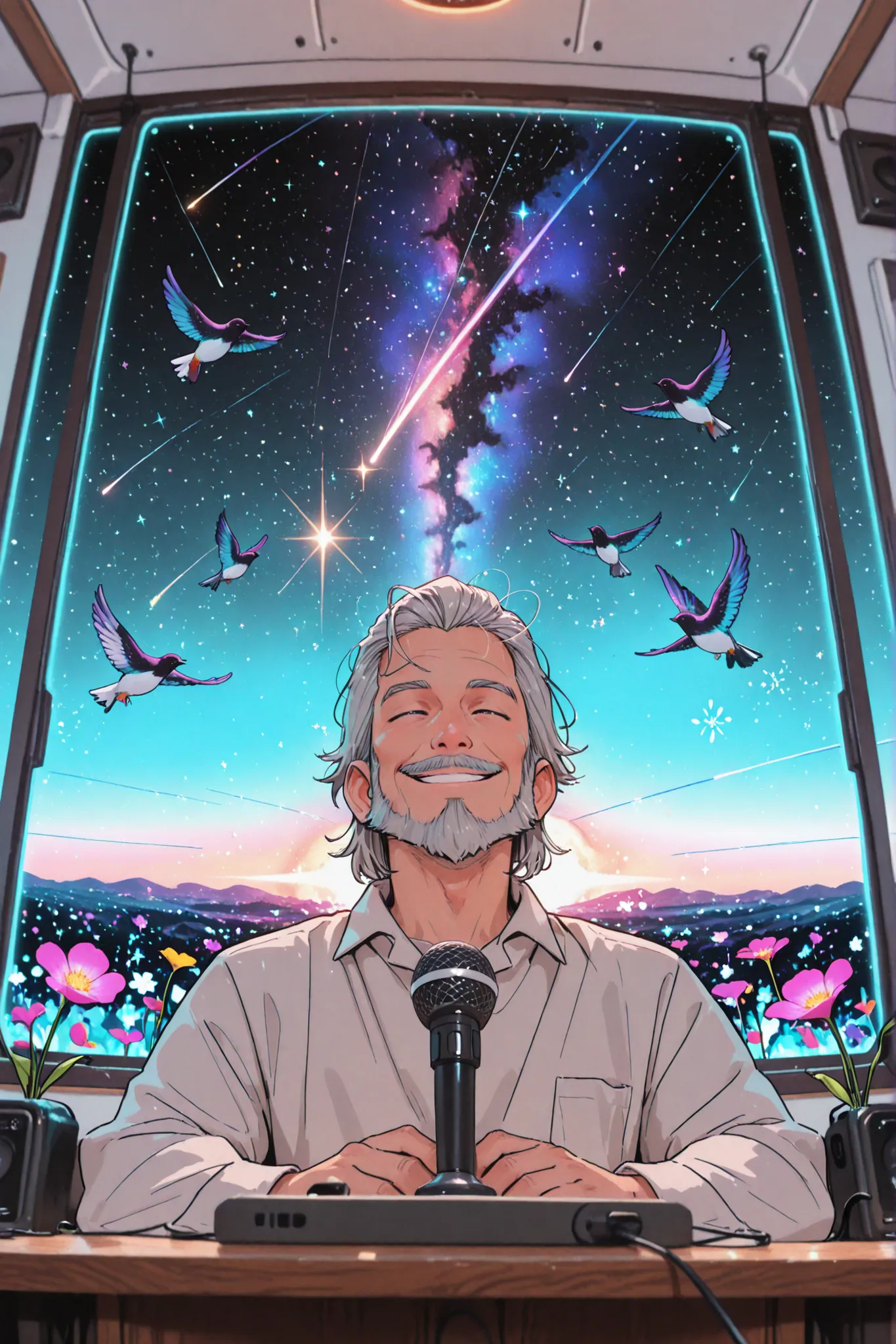 surrealism, High detail, Cinematic lighting, Ray tracing, angle of view, Eye level shots, hyper HD, Masterpiece, 4K, Best quality, Podcaster, Matured man wears heaadset, beard, mustache, sideburns, silver hair, detailed skin, in the podcast room, microphon...