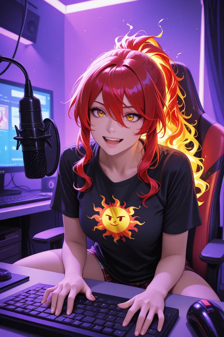  Image divided into 2 frames, left side: character Sunset Shimmer with her flaming hair wearing a white t-shirt with a sun print at chest height gesturing with her hands in the air sitting in a gamer chair while speaking into a microphone in front of her on top of a computer desk in her room with the lights off, right side: a beautiful red-haired woman with beautiful curves and long wavy red hair at the ends wearing a black t-shirt and an unbuttoned red plaid flannel shirt sitting in a gamer chair speaking smiling with a microphone in front of her on top of a computer desk with one hand resting on her chin with her room with purple lighting in the background of the scene, (perfect lighting), (masterpiece), (ultra HD), (perfect human anatomy), (vibrant colors), perfect photography, details, harmony