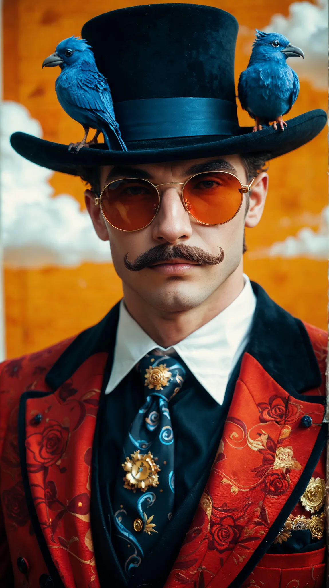 "Stylized digital illustration of a flamboyant man with a meticulously groomed mustache and a full neck tattoo, wearing a vibrant red suit with floral embroidery and a black shirt and tie. He dons a tall, elegant top hat adorned with celestial gold motifs ...