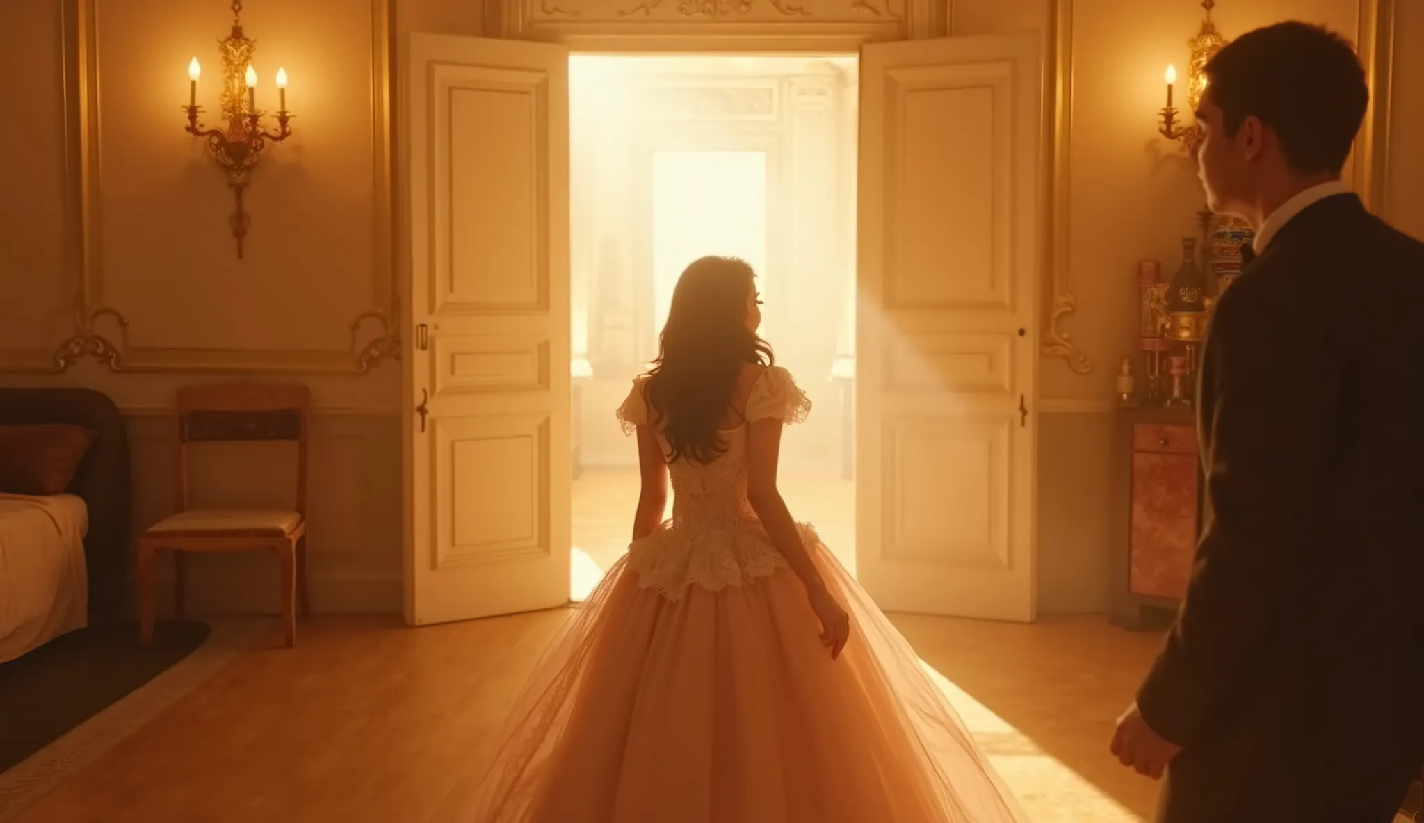 ((beyond masterpiece quality image so real it would fool an expert 1))The scene at a Grand Ball, the entrance doorway, well ((lit by spot lights illuminating Marie 1))(a young woman makes a spectacular entrance 1)(pulled back for effect full cinematic room...