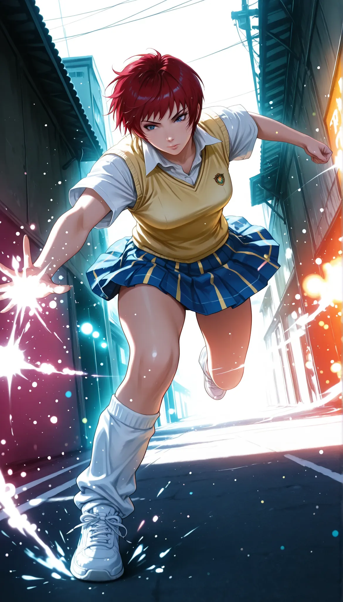 1 woman, solo, back alley, fight, fly through the sky, Airborne, Big Jump, photographic realism, MakiAikawa, (Air Master), tomboy, short hair, red hair, blue eyes, collared shirt, white shirt, yellow sweater vest, short sleeves, blue skirt, pleated skirt, ...
