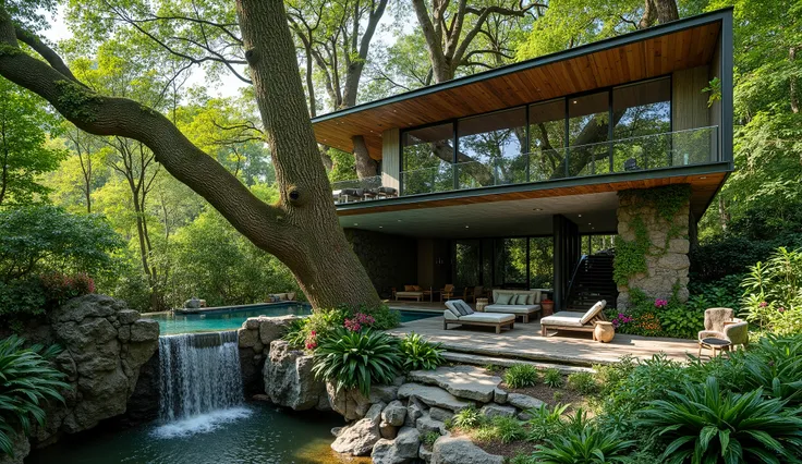 treehouse、A modern mansion standing on a giant tree、There is a luxurious pool、A waterfall cascades down from natural bedrock、