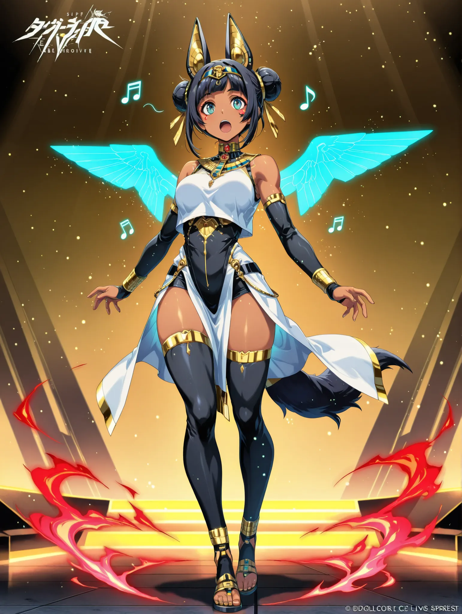 (masterpiece、Top quality、Top quality、Official Art、Beautiful Beautiful:1.2)、beautiful breasts、black bun hair、(masterpiece, Top quality), (Detailed Hair), ultra high definition, anime style, full body, solo, cyberpunk jackal girl standing on digital ground, ...