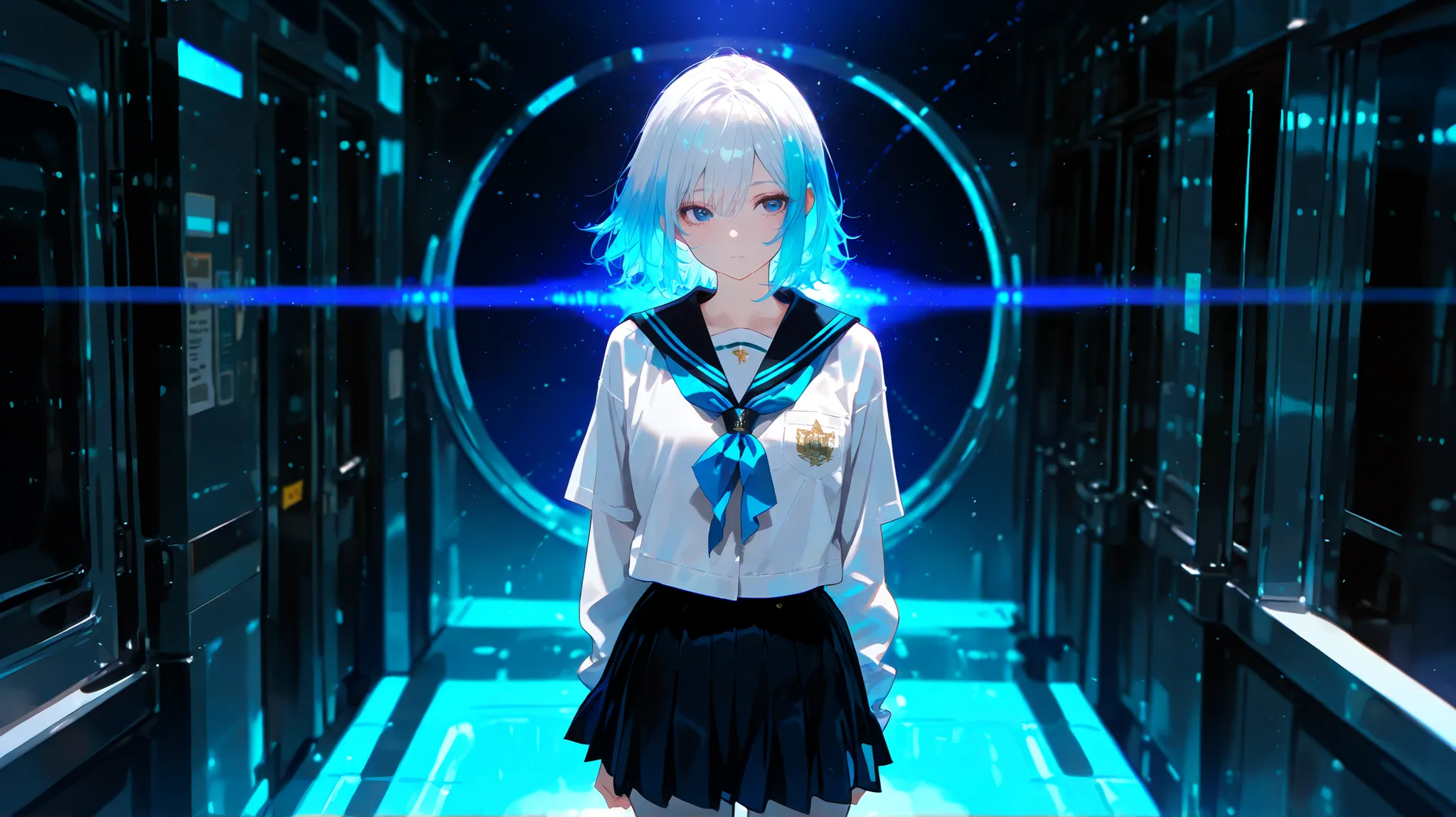 1girl, white hair, multicolor hair, school uniform, standing alone in a vast dark space, faint blue glow behind her, quiet and still atmosphere, eyes slightly open with sadness, cinematic lighting, deep shadows, monochrome base with subtle blue accents, De...