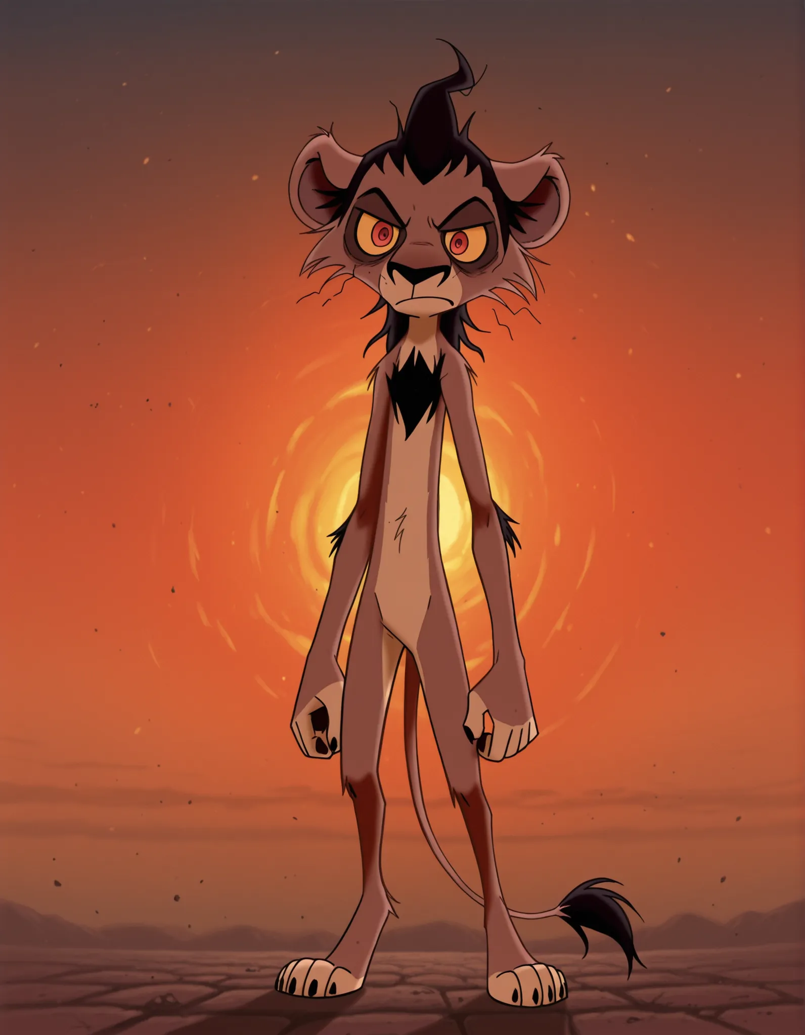 ueda hajime, Nuka, dark circles around eyes, red eyes, male, black hair, orange sclera, Lion, brown body, furry, skinny body, full body