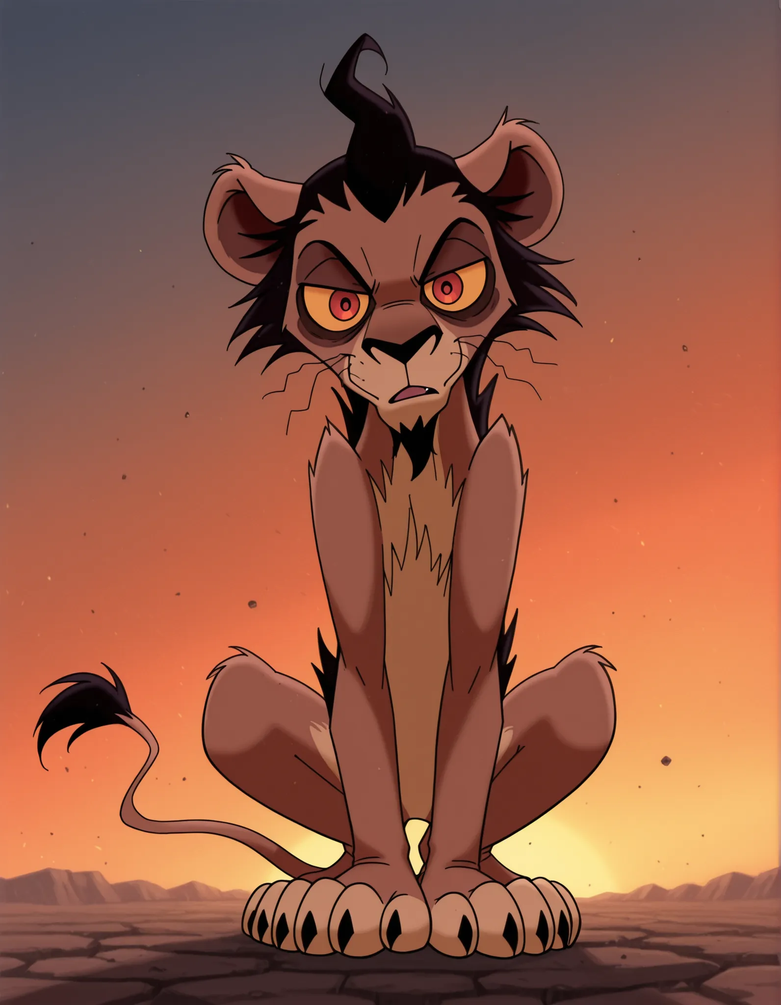 ueda hajime, Nuka, dark circles around eyes, red eyes, male, black hair, orange sclera, Lion, brown body, furry, skinny body, full body