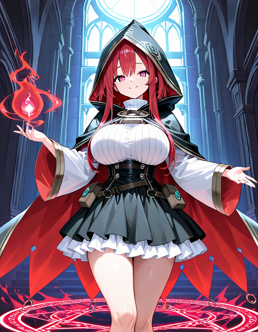 masterpiece, Top Quality, high image quality, 1 girl, solo, cartoon, Completely_girl_2k24 ,best quality ,A perfect masterpiece,((perfect artwork)),16k,Alchemist robe,big breast,Alchemist rooms,Alchemist costumes, hood cloak,tiered skirt,Alchemy Labs,red hair,little smile,Magic Circle,Magical effects
