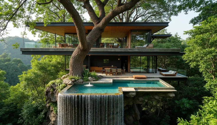 treehouse、A modern mansion standing on a giant tree、There is a luxurious pool、A waterfall cascades down from natural bedrock、