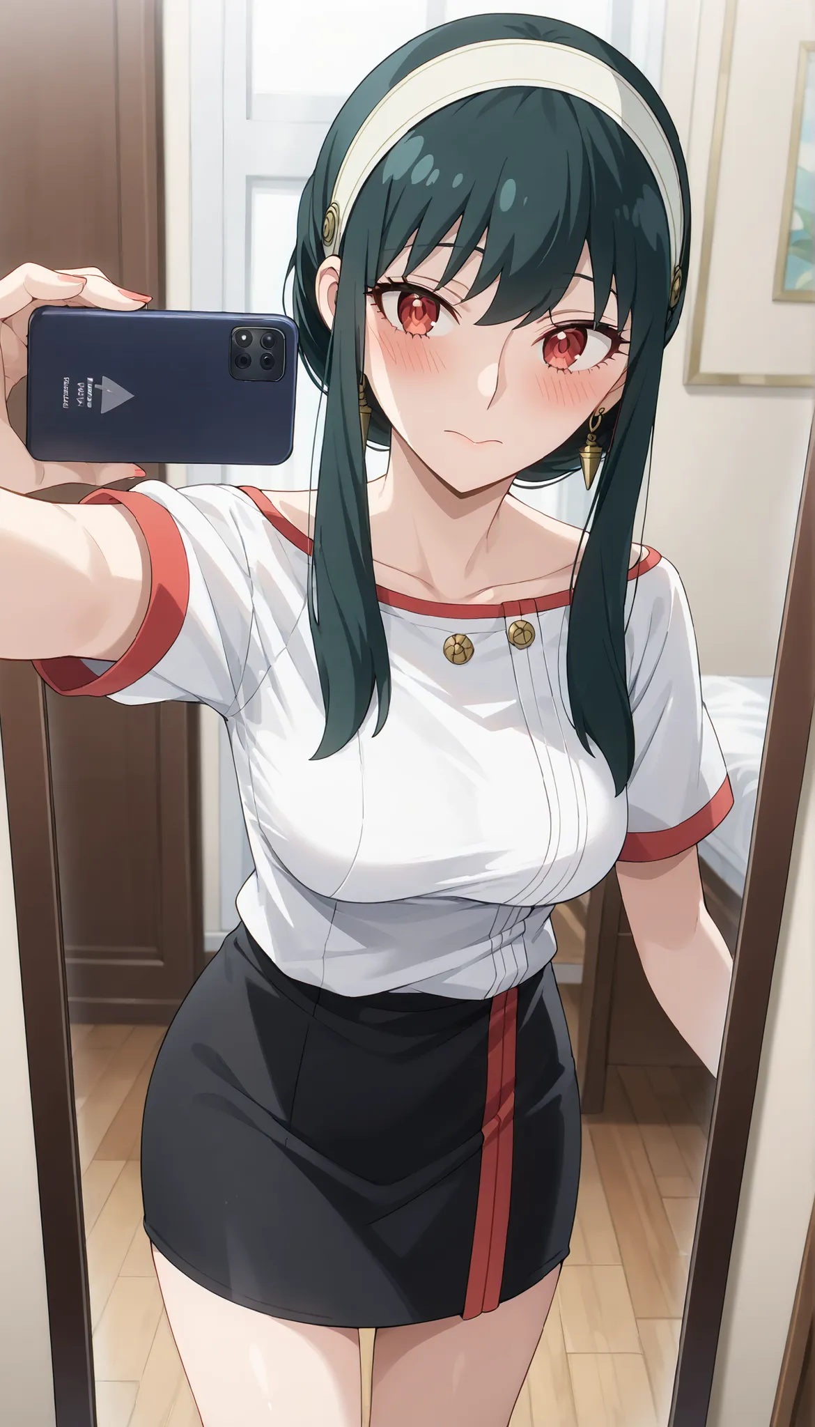 (((masterpiece))),(((High Quality))),(((Yor Forger(SPY×FAMILY) ))),,(((Medium Breasts))),dark haired,(((Blush))),Black Tight Skirt,white t-shirt,((selfie)),angle from above,(Through the mirror),Ulchan - 6500-v1.1, (RAW pictures:1.2), BEAUTIFUL DETAILS, ver...
