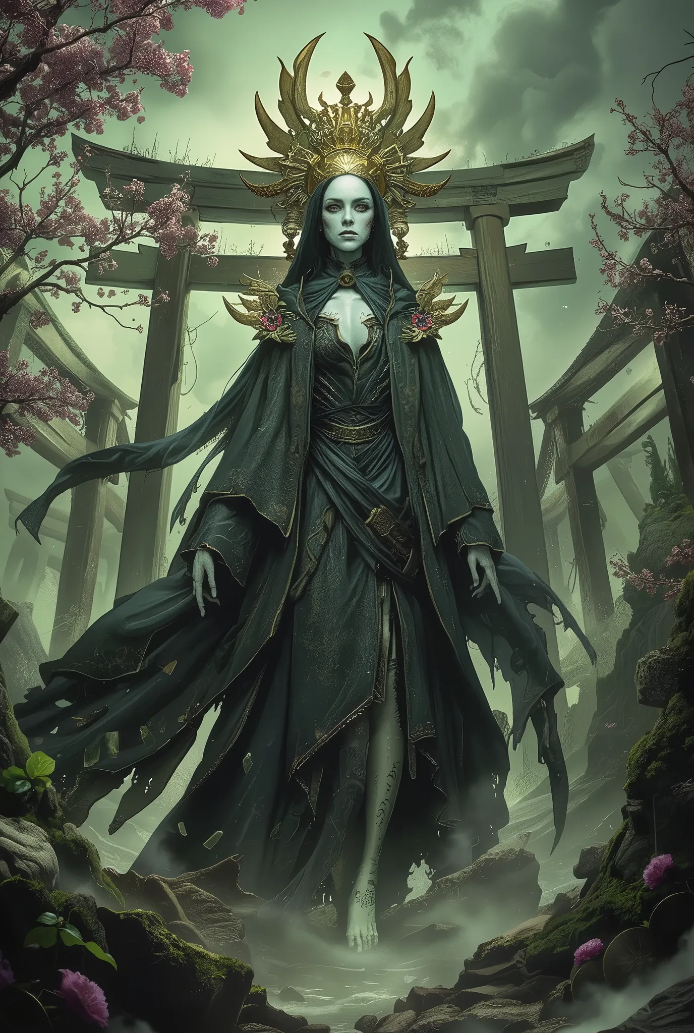 A terrifying and tragic depiction of Izanami no Mikoto, the Japanese goddess of death, in the underworld of Yomi, dark fantasy style, highly detailed and richly textured, decaying yet majestic, tattered Heian-era robes clinging to her skeletal form, ghostl...