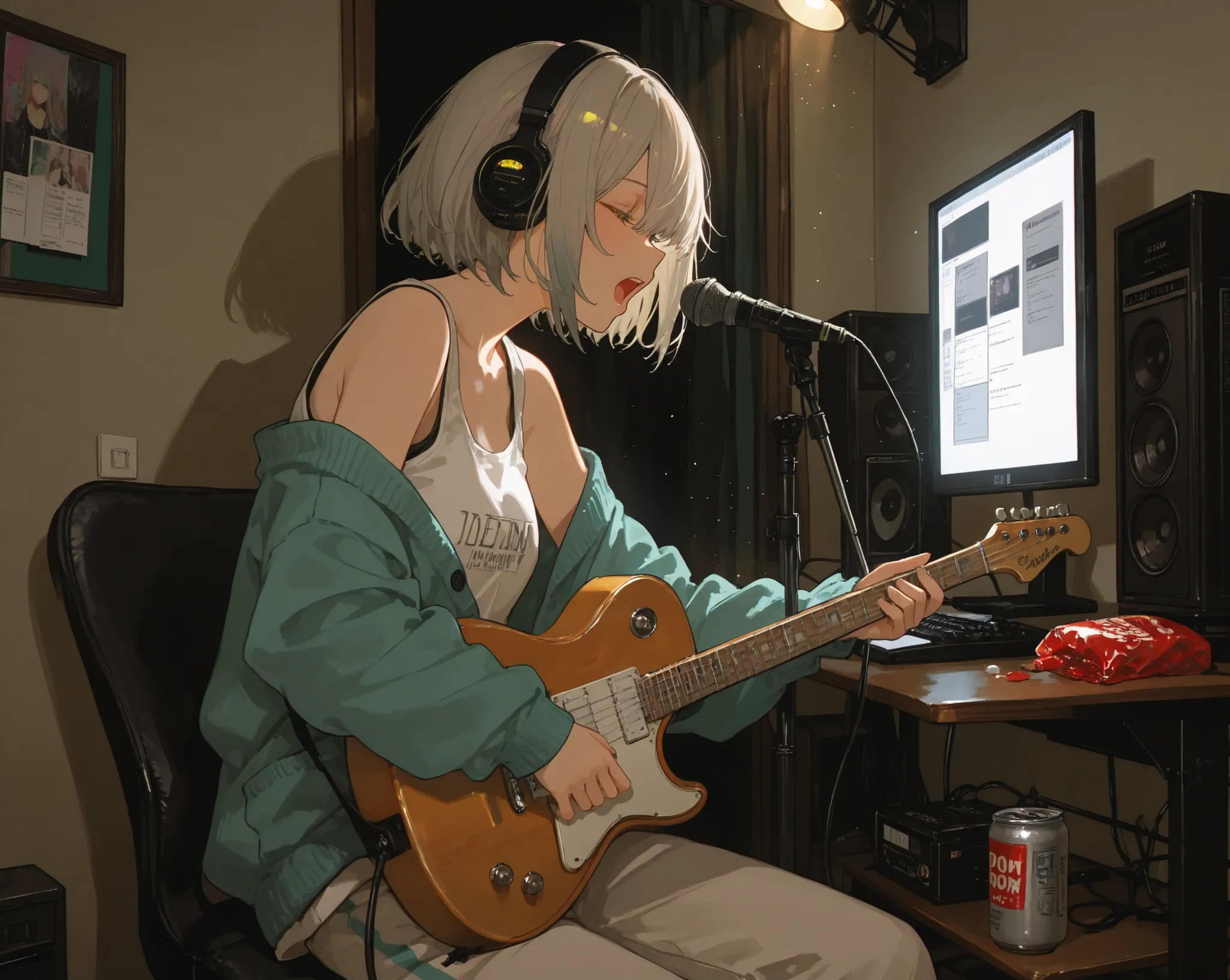 masterpiece. UHD, 16K, Highest Quality, highest resolution, Hyper detail, 1 woman, anime girl, grey hair, short cut, long side hairs, amber_eyes, Heron_Cardigan, tank top, pajama pants , audio, matted hair, focus on the other _Neon _ headset, girl pla...