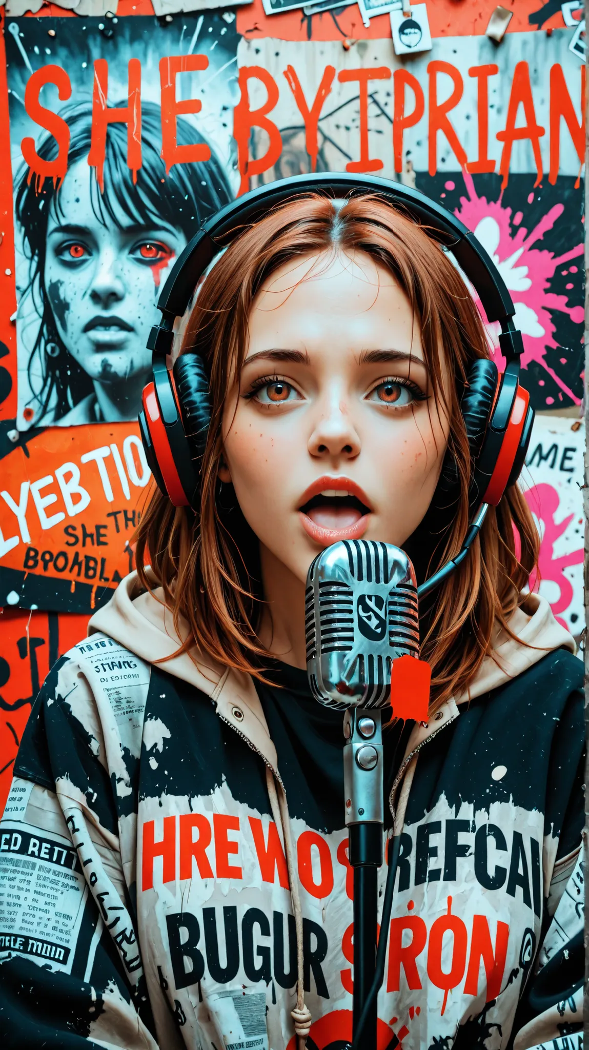 "Surreal digital collage artwork of a male singer in a powerful vocal performance. His face and body are covered in layered newspaper textures, graffiti tags, and urban symbols. He wears large headphones and sings into a retro metallic microphone in the fo...