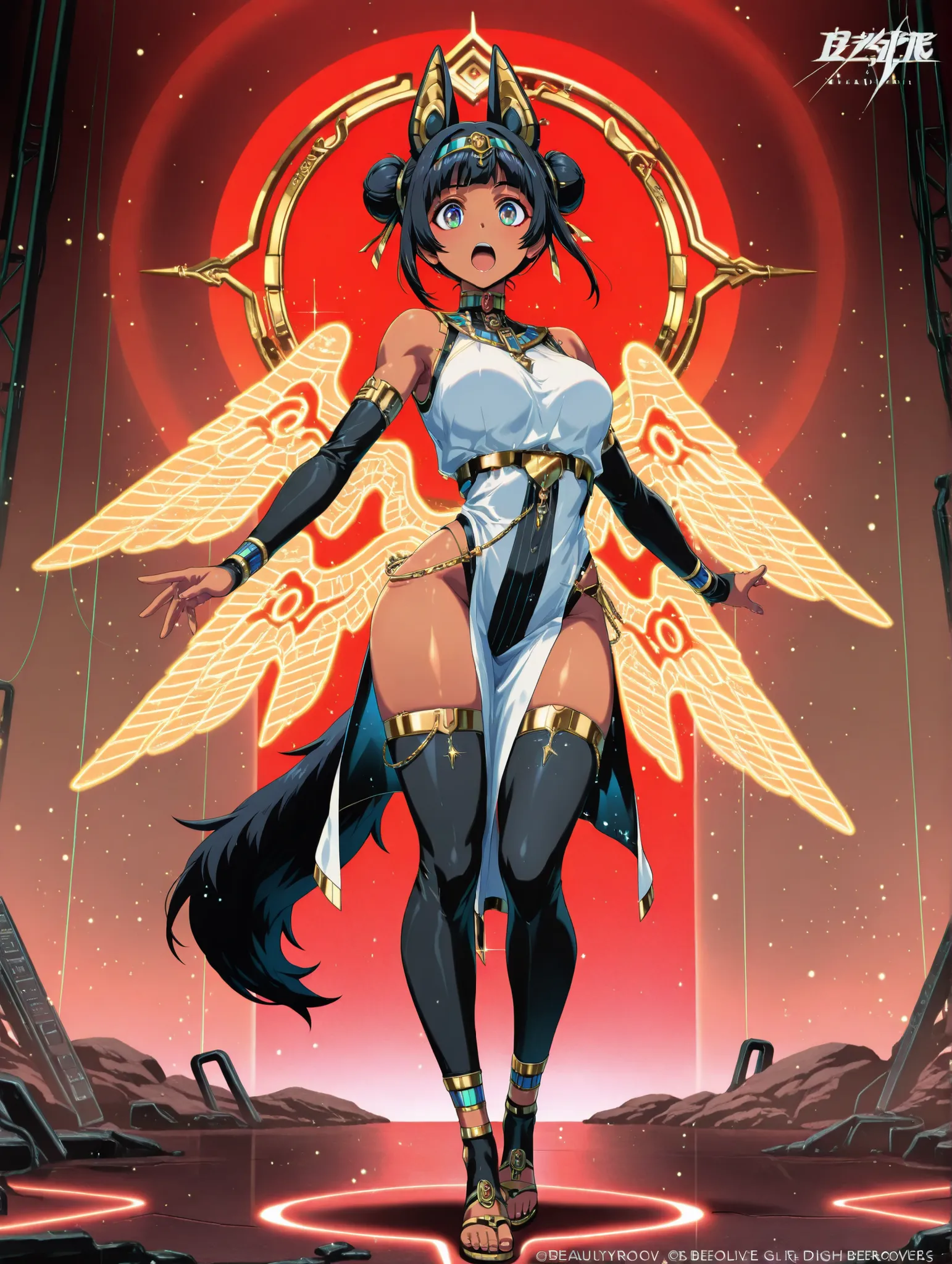 (masterpiece、Top quality、Top quality、Official Art、Beautiful Beautiful:1.2)、beautiful breasts、black bun hair、(masterpiece, Top quality), (Detailed Hair), ultra high definition, anime style, full body, solo, cyberpunk jackal girl standing on digital ground, ...