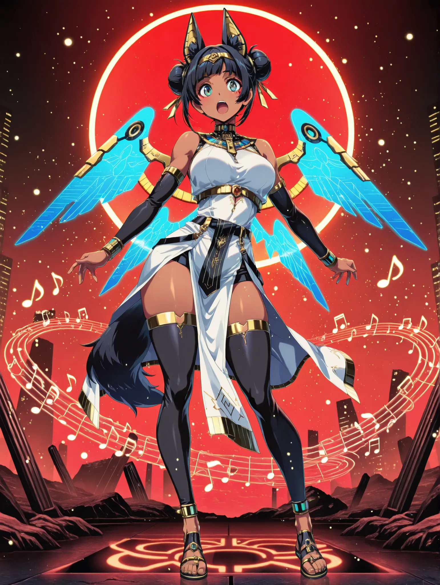 (masterpiece、Top quality、Top quality、Official Art、Beautiful Beautiful:1.2)、beautiful breasts、black bun hair、(masterpiece, Top quality), (Detailed Hair), ultra high definition, anime style, full body, solo, cyberpunk jackal girl standing on digital ground, ...