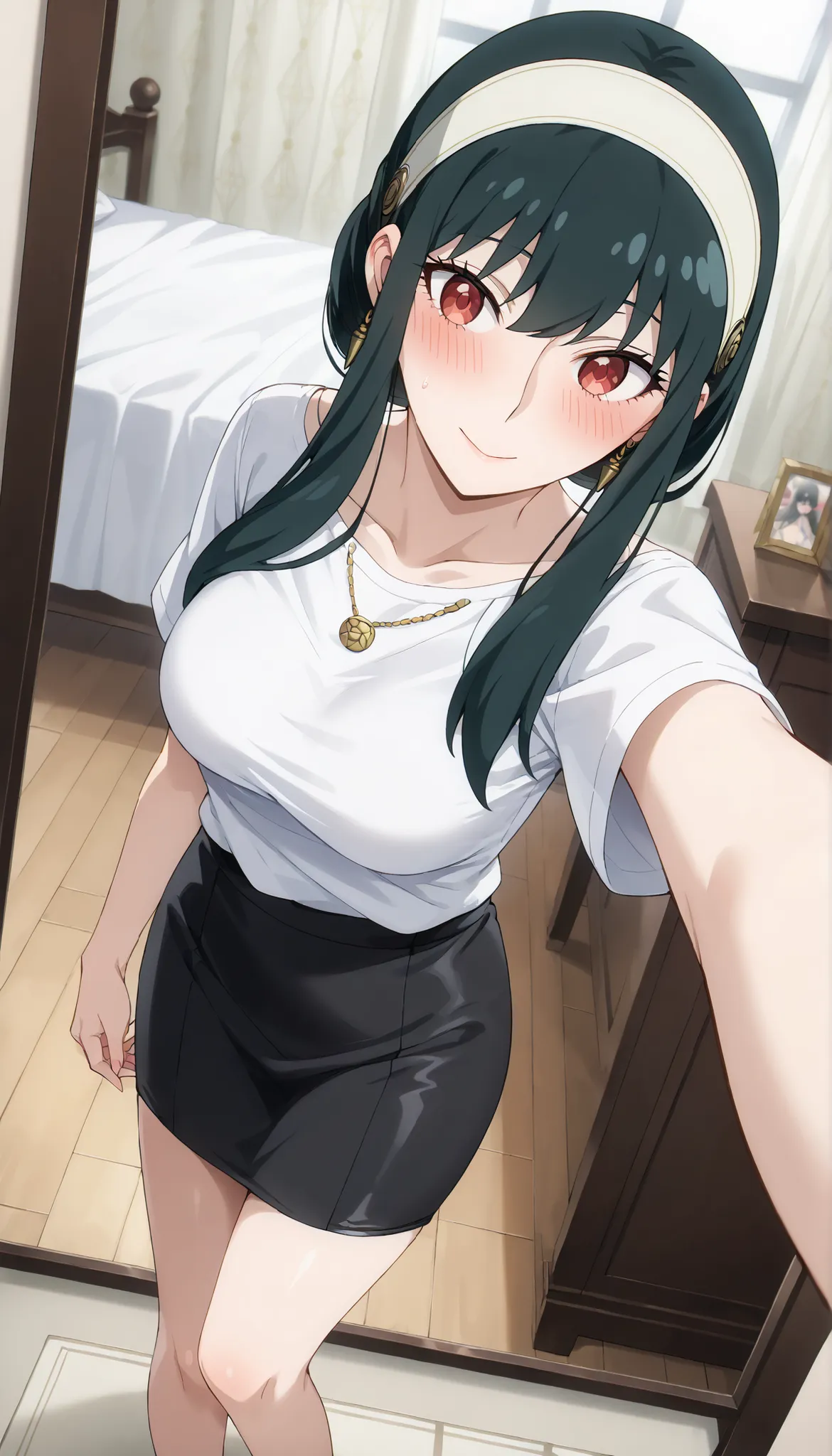 (((masterpiece))),(((High Quality))),(((Yor Forger(SPY×FAMILY) ))),,(((Medium Breasts))),dark haired,(((Blush))),(((Black Tight Skirt))),(((white t-shirt))),((selfie)),angle from above,(Through the mirror),Ulchan - 6500-v1.1, (RAW pictures:1.2), BEAUTIFUL ...