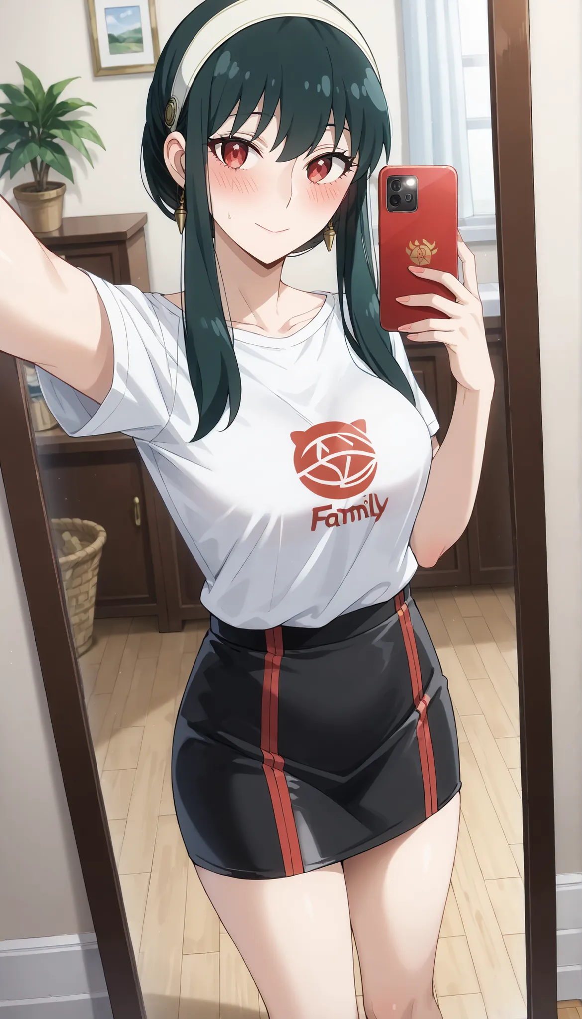 (((masterpiece))),(((High Quality))),(((Yor Forger(SPY×FAMILY) ))),,(((Medium Breasts))),dark haired,(((Blush))),(((Black Tight Skirt))),(((white t-shirt))),((selfie)),angle from above,(Through the mirror),Ulchan - 6500-v1.1, (RAW pictures:1.2), BEAUTIFUL ...