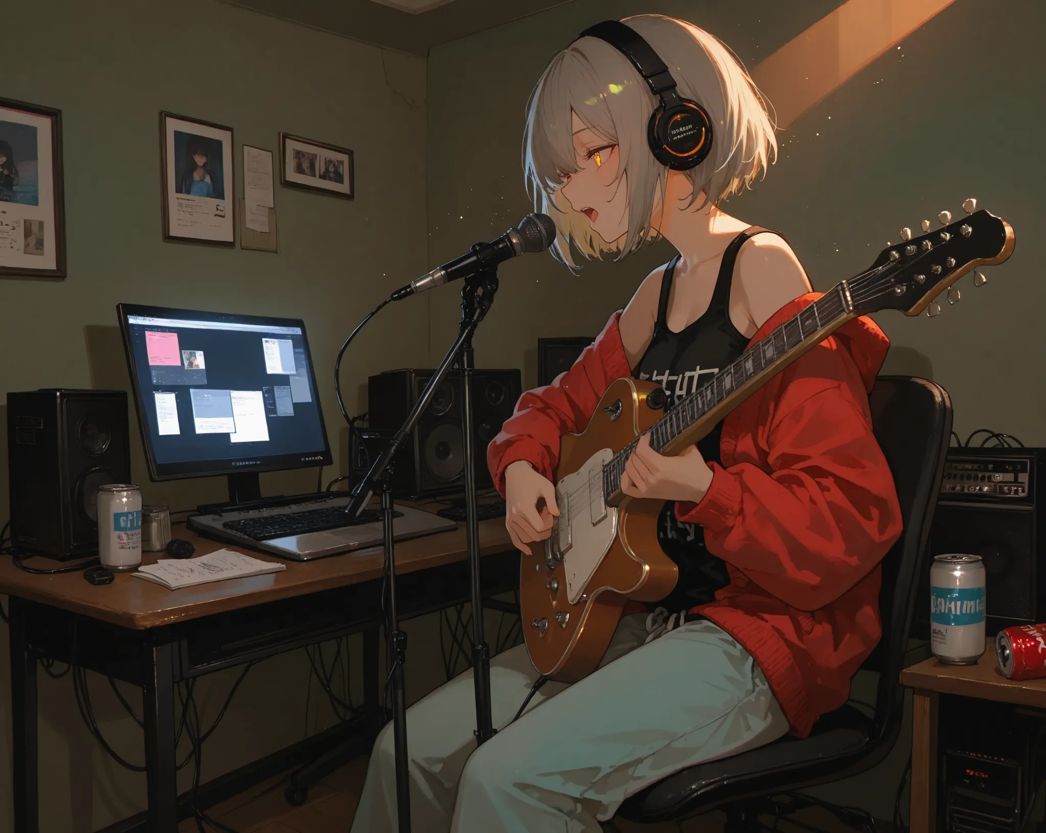 masterpiece. UHD, 16K, Highest Quality, highest resolution, Hyper detail, 1 woman, anime girl, grey hair, short cut, long side hairs, amber_eyes, Heron_Cardigan, tank top, pajama pants , audio, matted hair, focus on the other _Neon _ headset, girl pla...