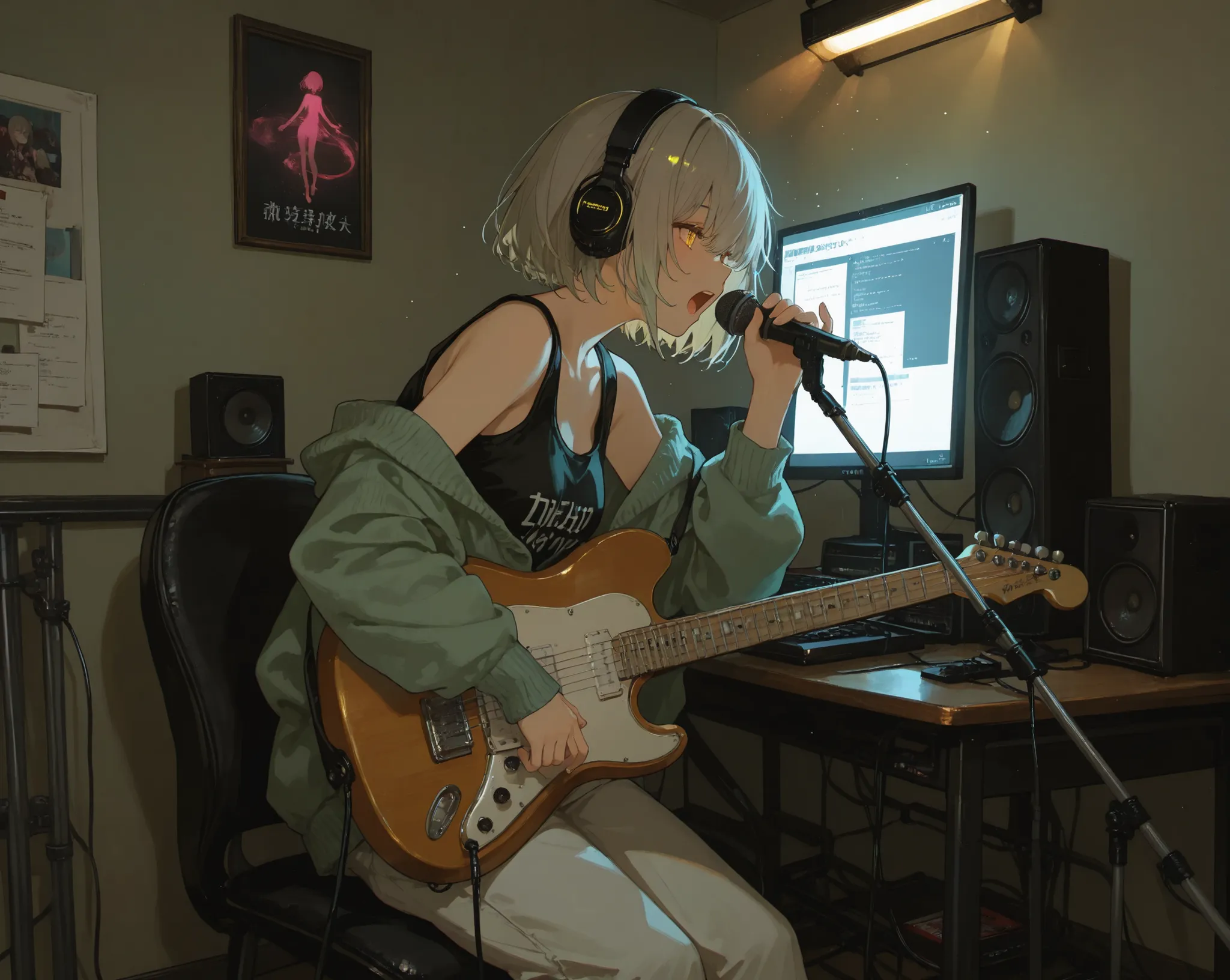 masterpiece. UHD, 16K, Highest Quality, highest resolution, Hyper detail, 1 woman, anime girl, grey hair, short cut, long side hairs, amber_eyes, Heron_Cardigan, tank top, pajama pants , audio, matted hair, focus on the other _Neon _ headset, girl pla...