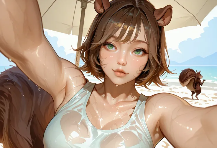 ultra detailed realistic busty squirel girl half body, short brown hair. Squirrel ears. Brown big tail, 
Green eyes.
Pinkish lips.
White tank top wet,
background. At morning,  at the beach under parasol, ray tracing, perfect sexy face, sexy pose , selfie, ...