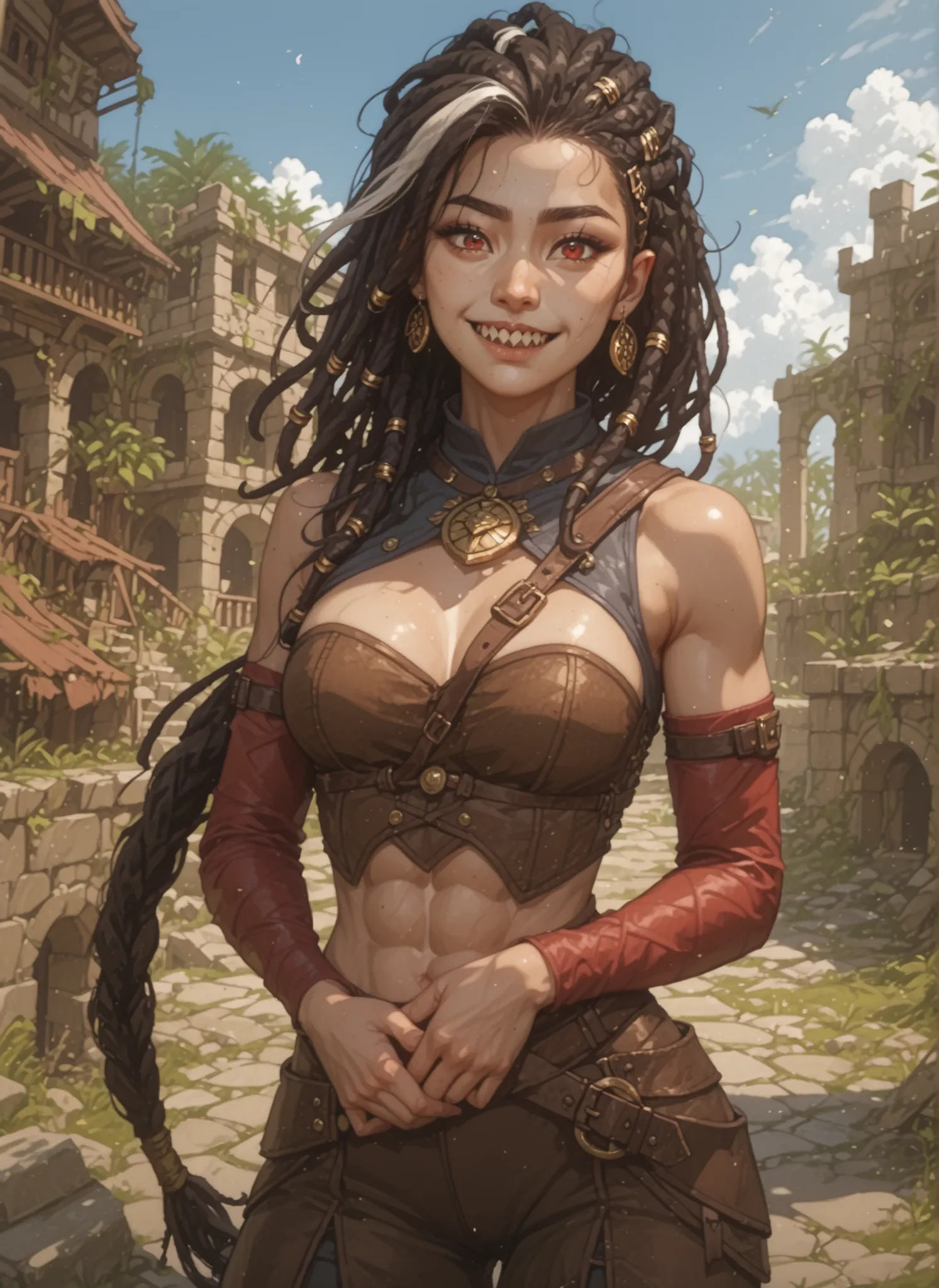 Slender body. White skin. Cute 18-year-old Asian girl with Asian red eyes and sharp teeth and dreadlocks with white highlights. She has a cute and beautiful face. She has a round and young face with a pointy chin. Her body is athletic with abs. She wears m...