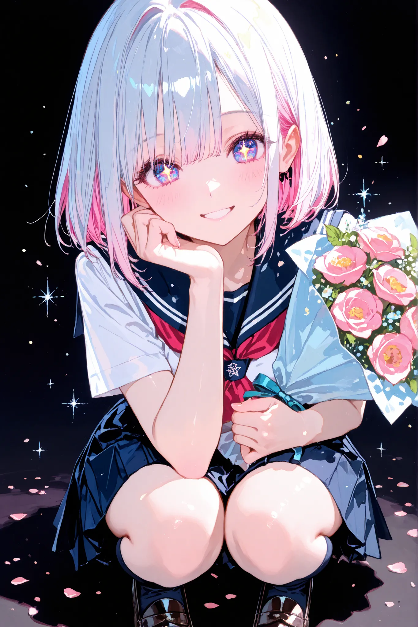 (finely best quality illustration:1.3), (kawaii girl:1.2), (1girl, solo:1), beautiful skin,perfect eyes,Jewelry eyes, A cheerful anime-style,have a bouquet,An anime girl with a playful yet gentle attitude stands confidently, looking directly at the viewer ...
