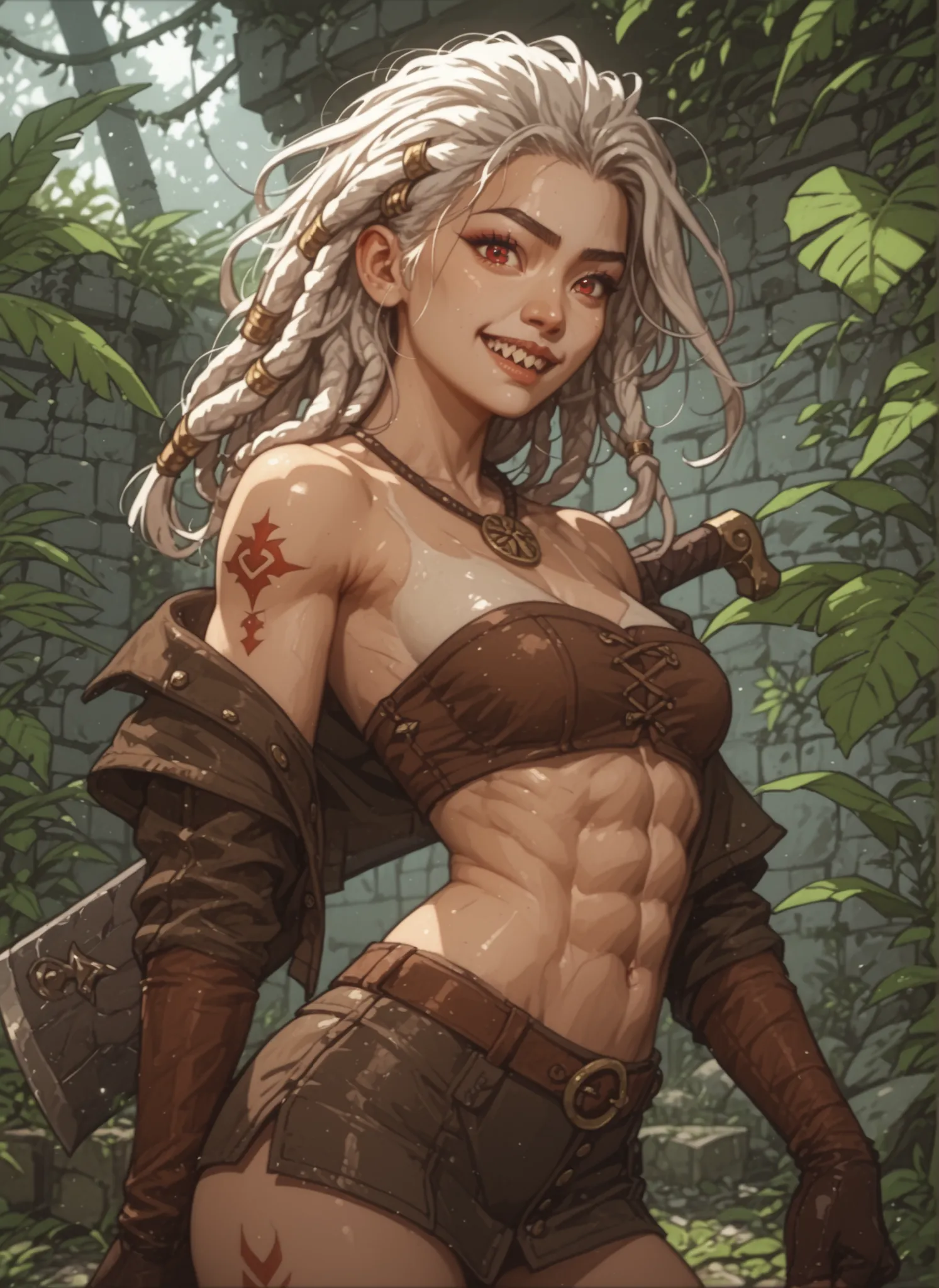 Slender body. White skin. Cute 18-year-old Asian girl with Asian red eyes and sharp teeth and dreadlocks with white highlights. She has a cute and beautiful face. She has a round and young face with a pointy chin. Her body is athletic with abs. She wears m...