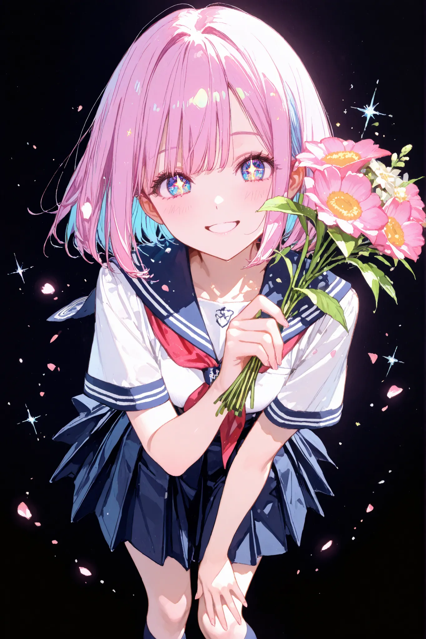 (finely best quality illustration:1.3), (kawaii girl:1.2), (1girl, solo:1), beautiful skin,perfect eyes,Jewelry eyes, A cheerful anime-style,have a bouquet,An anime girl with a playful yet gentle attitude stands confidently, looking directly at the viewer ...