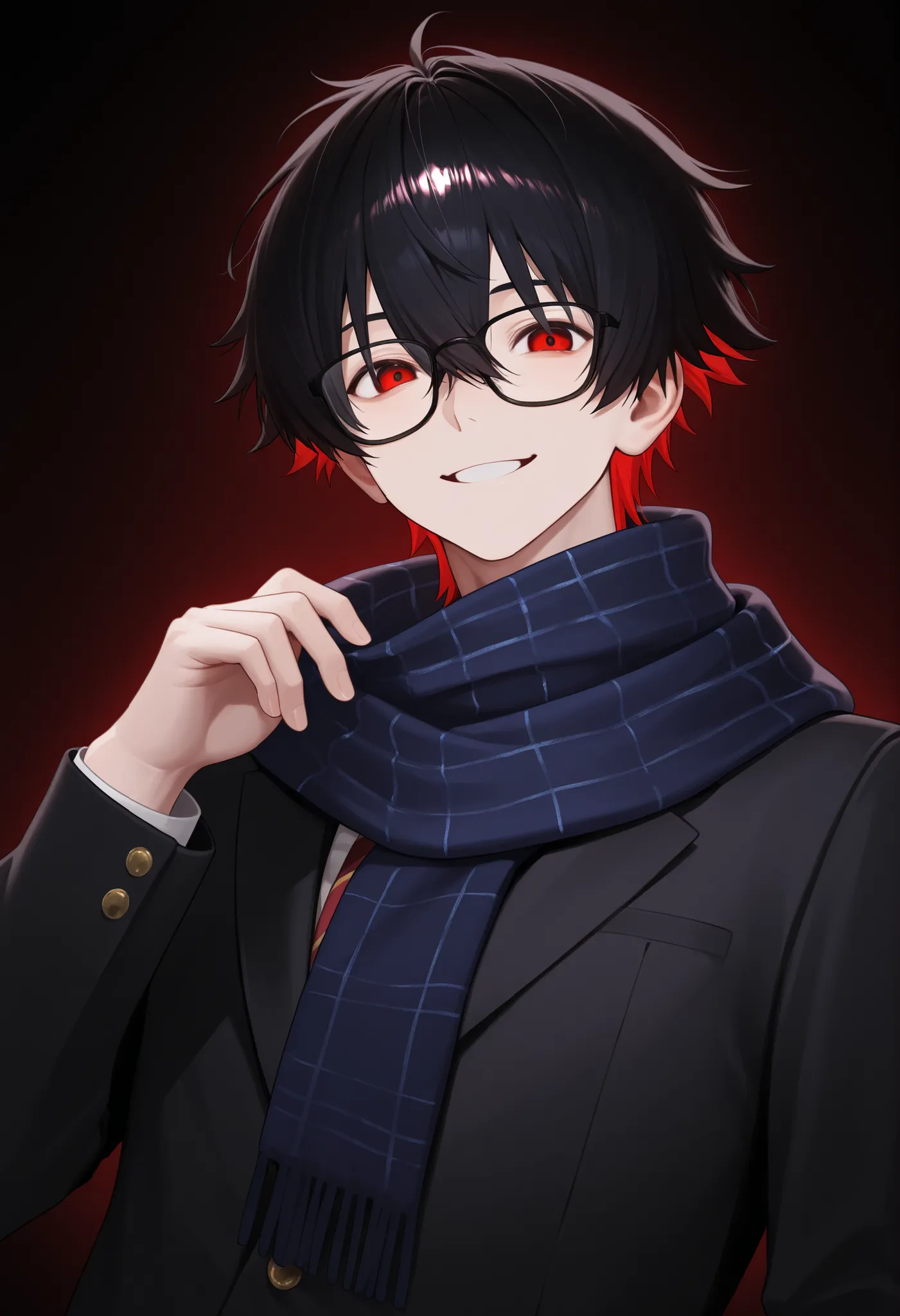 One Boy、18 years old、male high school student、cool、cool、Depiction without abnormalities、detailed depiction、16K、Full HD、32k、UHD、HDR、high chroma、wearing glasses、wearing a school uniform、Bright Atmosphere、Eyes with beautiful highlights、Red Eyes、SMILING、黒い髪、He...