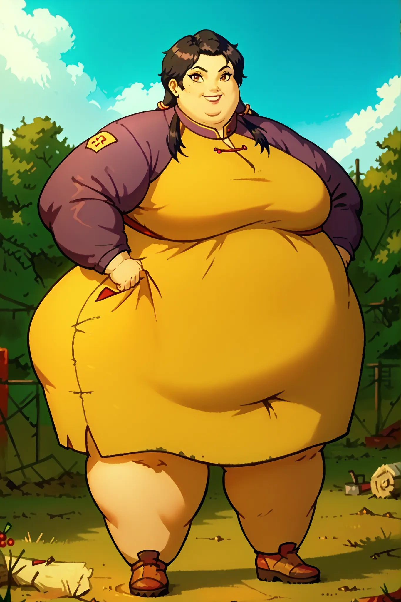 masterpiece, best quality, high resolution,1girl, solo, hay lin, purple cheongsam, purple jacket, large breasts, long hair, twin tails, black hair, brown eyes, dark skin, smiling, outdoors, wasteland, full body, cowboy shot