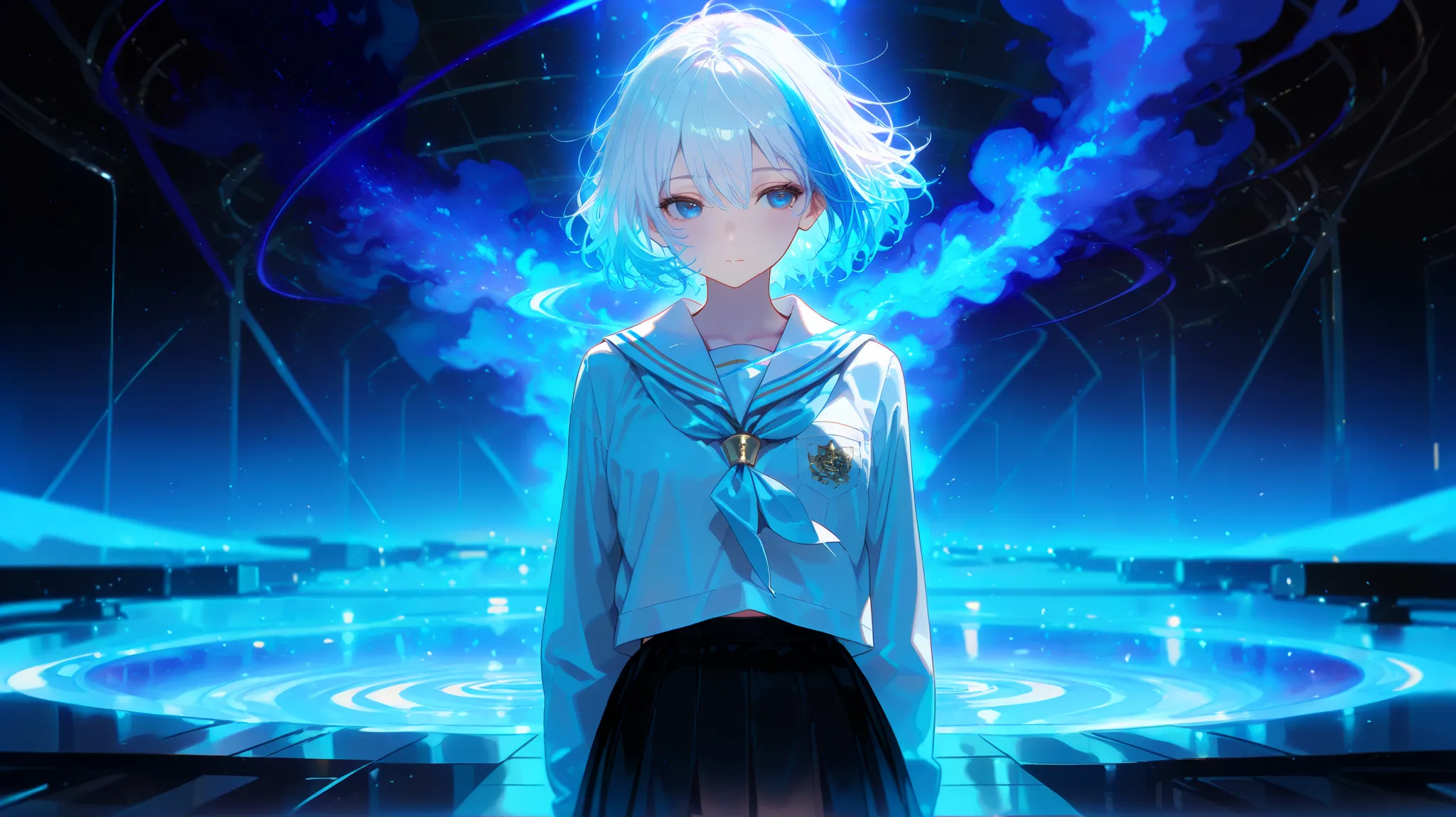 1girl, white hair, multicolor hair, school uniform, standing alone in a vast dark space, faint blue glow behind her, quiet and still atmosphere, eyes slightly open with sadness, cinematic lighting, deep shadows, monochrome base with subtle blue accents, De...