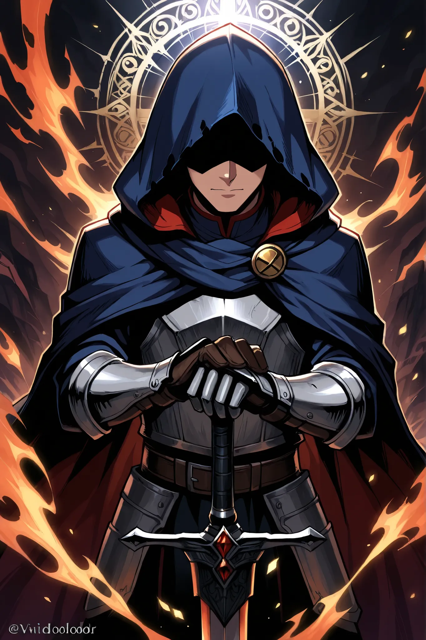 Hellhunter style,Hell Conqueror Style,close up view of a man in armor holding a sword,With a cape,和hood, drawn in a mysterious style, epic fantasy digital art style, portrait of a male knight, epic 骑士 boy character, male knight!, epic exquisite character a...