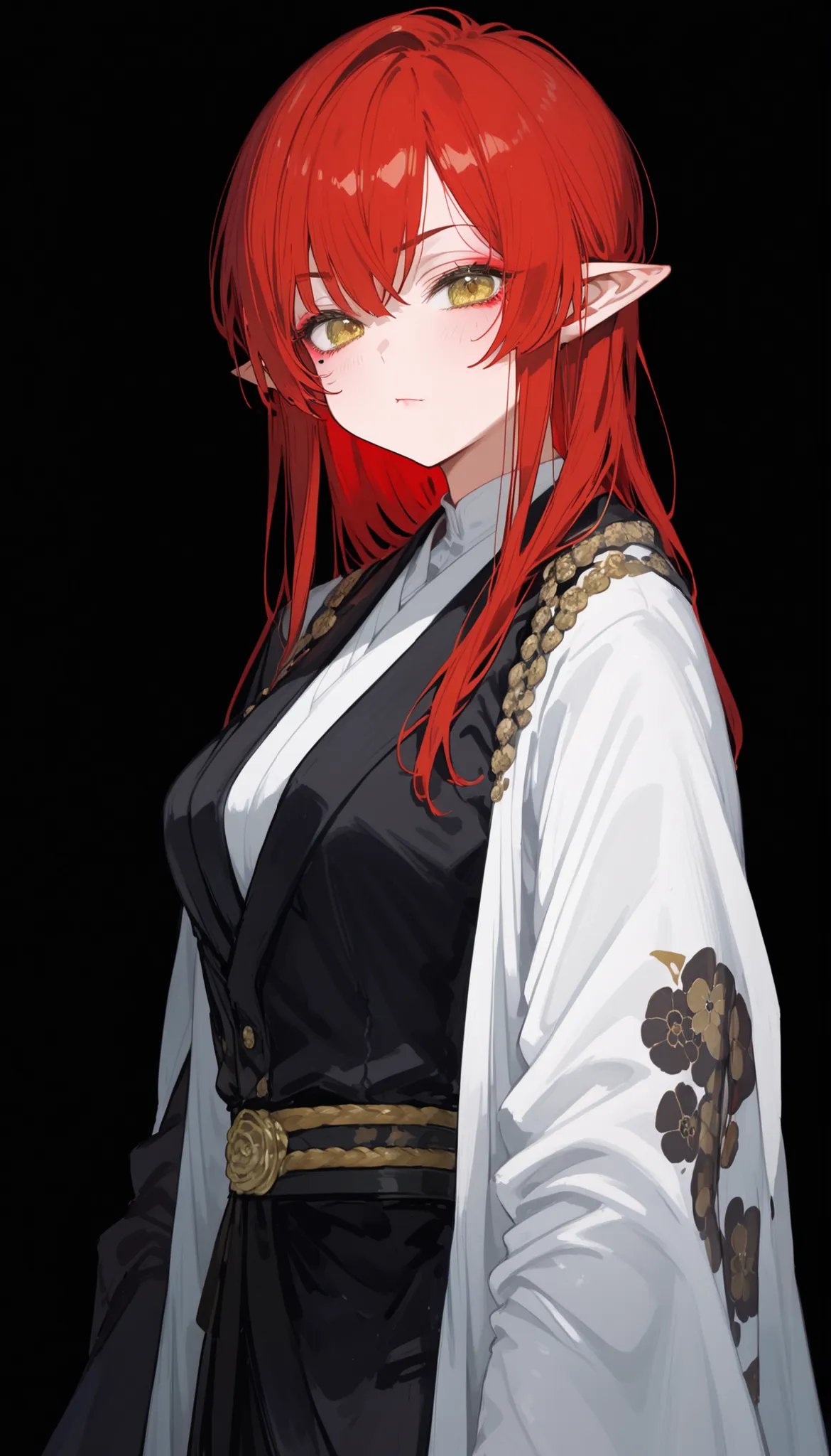 ,red hair,in yellow eyes,cute,Milf,,tomboy,Pointed ears,Fierce face,Long Sleeve Black Vest,standing up,black background, pattern,mafia,long hair,Black suit,slim,Shawl kimono,with black gloves, Kabuki costume,Long Sleeve,Kabuki Makeup,,white kimono,,T post,...
