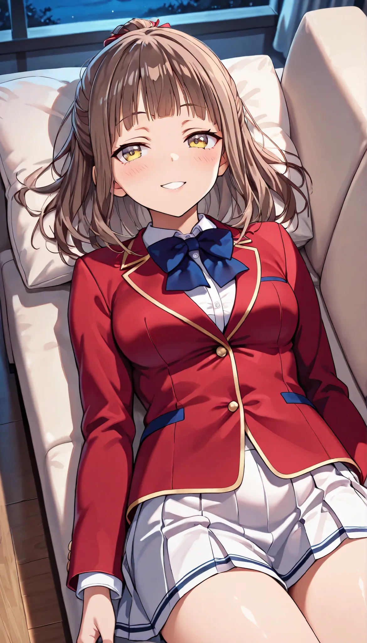 rika morofuji, brown hair, medium hair, yellow eyes, red ribbon, red jacket school uniform, white shirt, red jacket, collared shirt, blue bowtie, white skirt, thigh,1girl, solo, cowboy shot, night ,my room, masterpiece, best quality, amazing quality, very ...