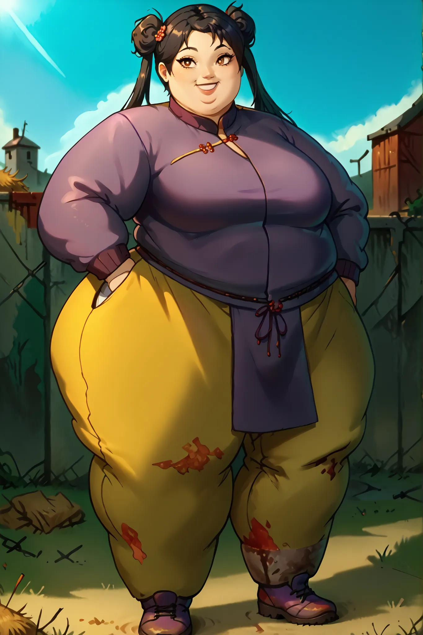 masterpiece, best quality, high resolution,1girl, solo, hay lin, purple cheongsam, purple jacket, large breasts, long hair, twin tails, black hair, brown eyes, dark skin, smiling, outdoors, wasteland, full body, cowboy shot