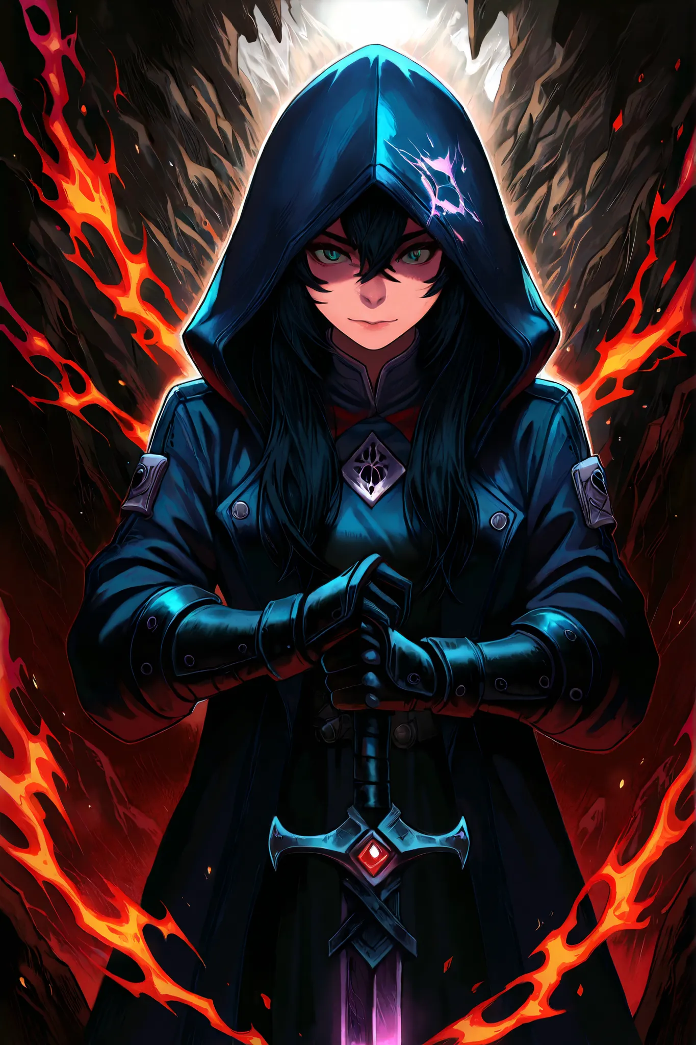 Hellhunter style,Hell Conqueror Style,Close Up View of a Man in a Hooded Jacket Holding a Sword, drawn in a mysterious style, epic fantasy digital art style, portrait of a female Mage, epic Mage girl character, female Mage!, Epic exquisite character art, f...