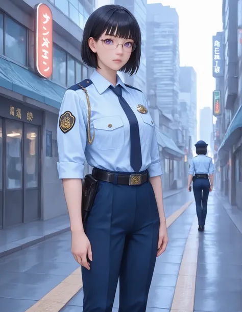 masterpiece, best quality, standard breasts, (jet black hair, short hair, bob hair, purple eyes, bangs), (full body), city backdrop, tokyo city backdrop, solo, solo focus, standing, JapanesePoliceWoman_NoVes, glasses, (white shirt), (black pants, tie), mat...