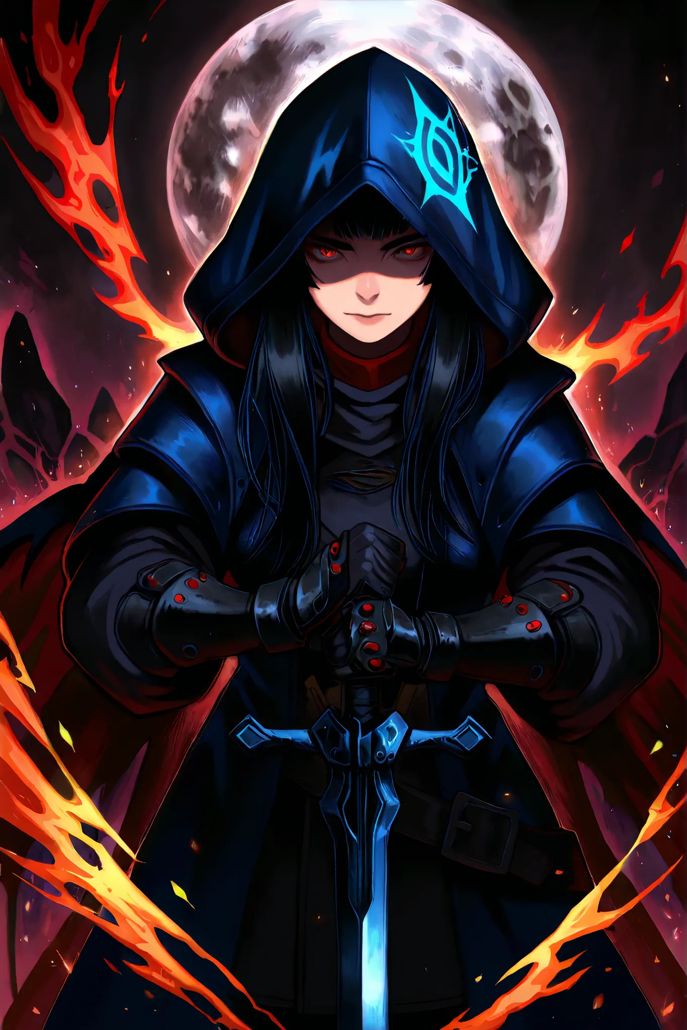 Hellhunter style,Hell Conqueror Style,Close Up View of a Man in a Hooded Jacket Holding a Sword, drawn in a mysterious style, epic fantasy digital art style, portrait of a female Mage, epic Mage girl character, female Mage!, Epic exquisite character art, f...