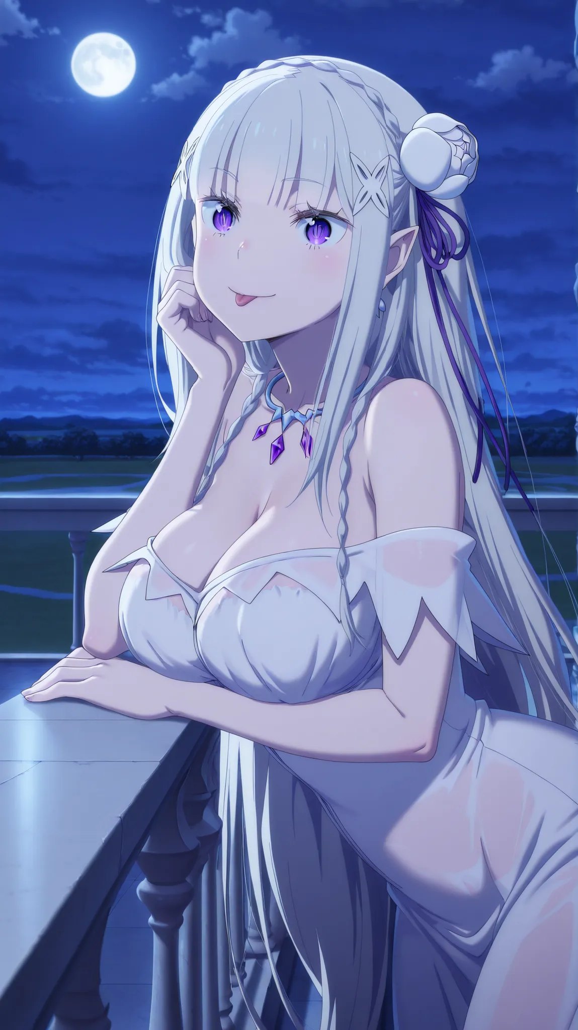 (masterpiece), UHD, detailed, emilia, emilia (re:zero), braid, crown braid, flower, hair flower, hair ornament, hair ribbon, long hair, pointy ears, purple eyes, white hair, x hair ornament, mature female, breasts, anime screencap, dress, cleavage, bare sh...